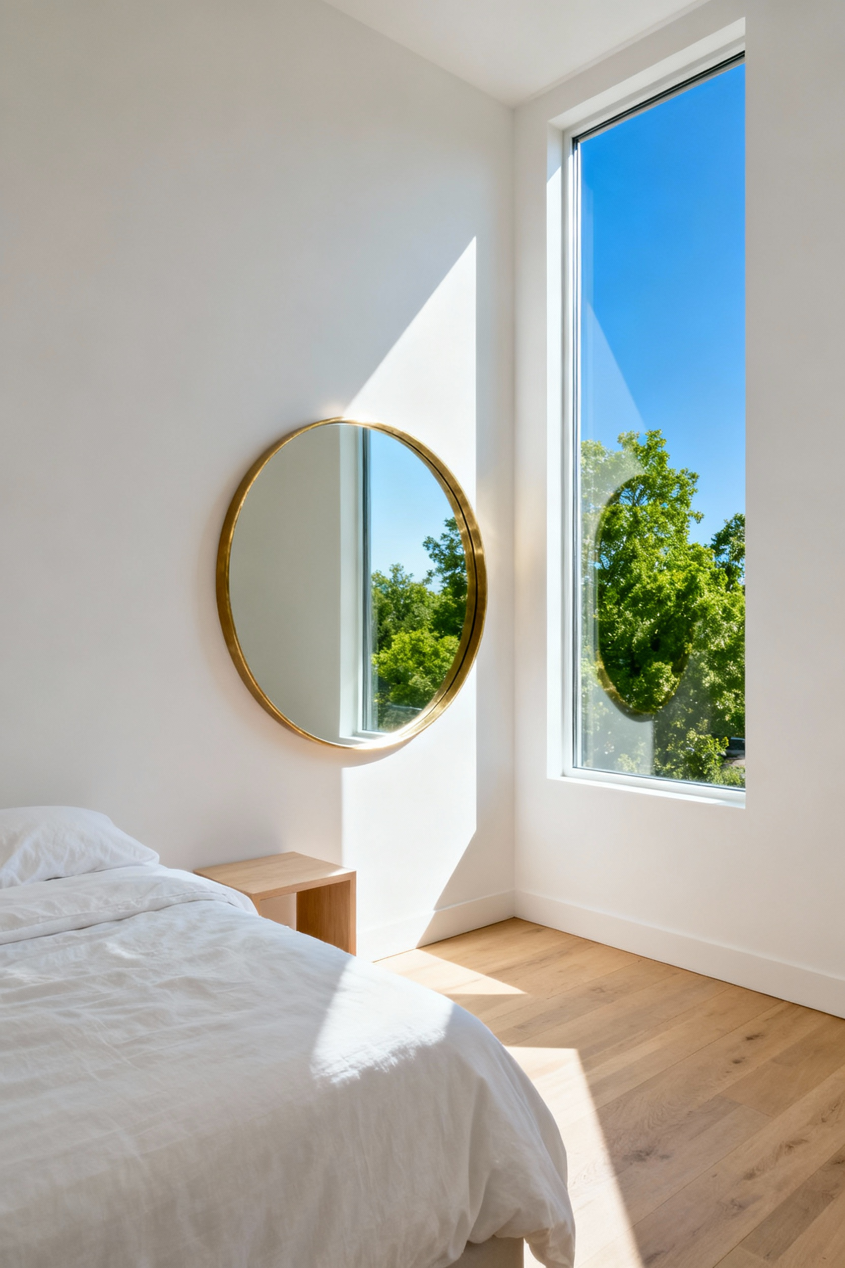 A bright, small bedroom where a large circular mirror opposite a window reflects natural light deep into the space, creating the illusion of greater depth.