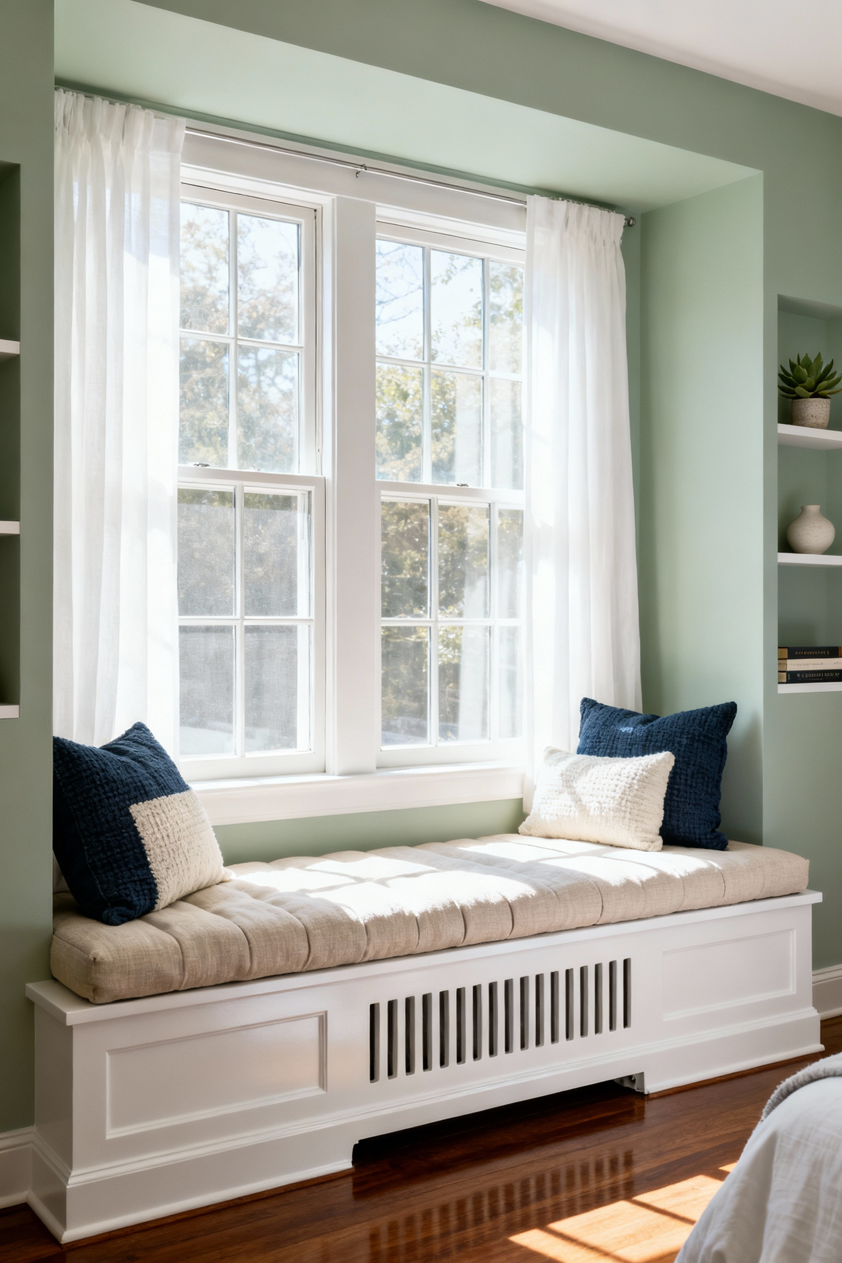 Custom white window seat radiator cover extending wall-to-wall in a small bedroom with integrated floor-to-ceiling storage shelves and bright natural lighting.