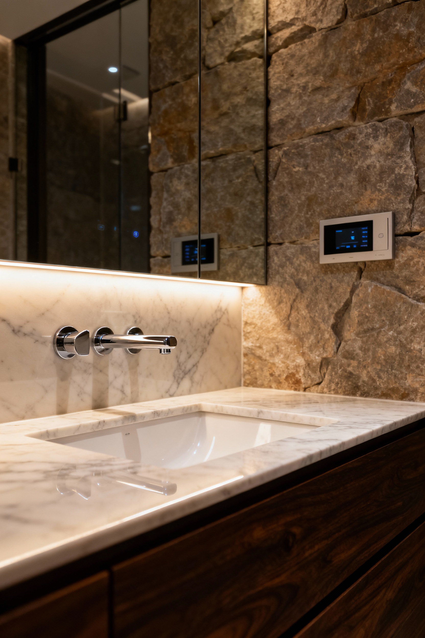 Luxurious smart bathroom with a sleek vanity, touchless faucet, integrated LED lighting, and a flush-mounted digital control panel for automated comfort.