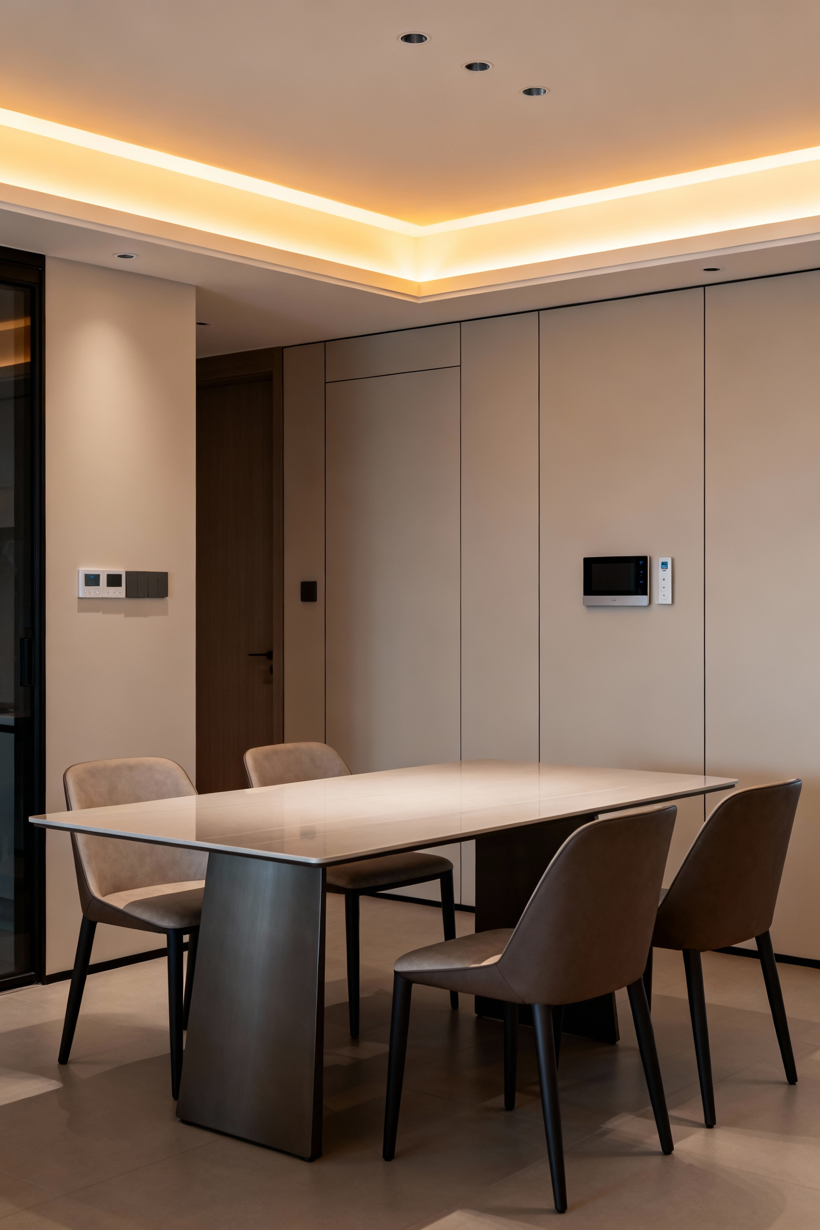 Modern dining room featuring seamlessly integrated smart technology, including warm ambient tunable LED lighting and a discreet wall control panel, creating a sophisticated and uncluttered space.