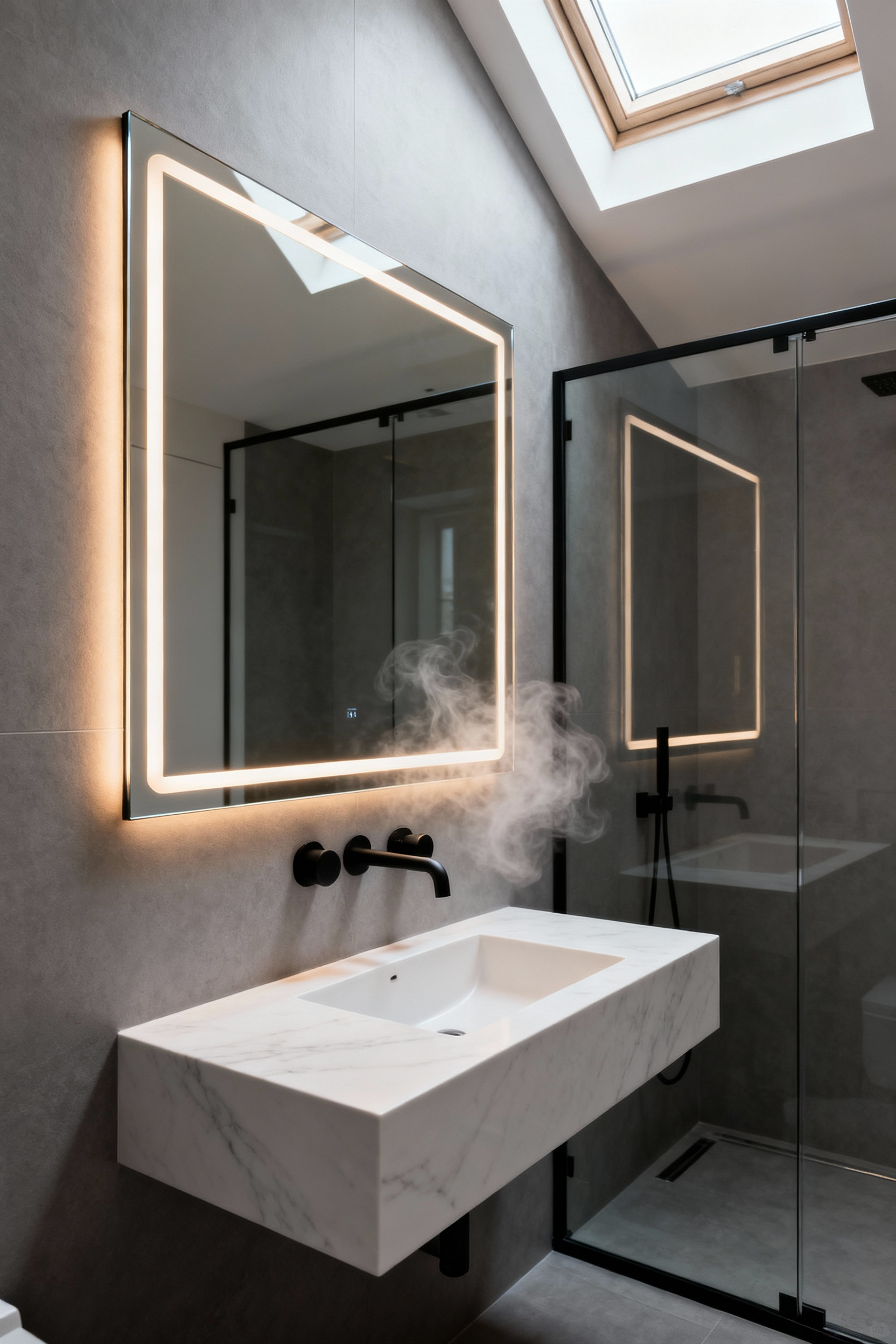 A pristine modern bathroom featuring a floating white marble vanity and a large, clear smart mirror with integrated circadian lighting, demonstrating effective de-misting technology after a shower.
