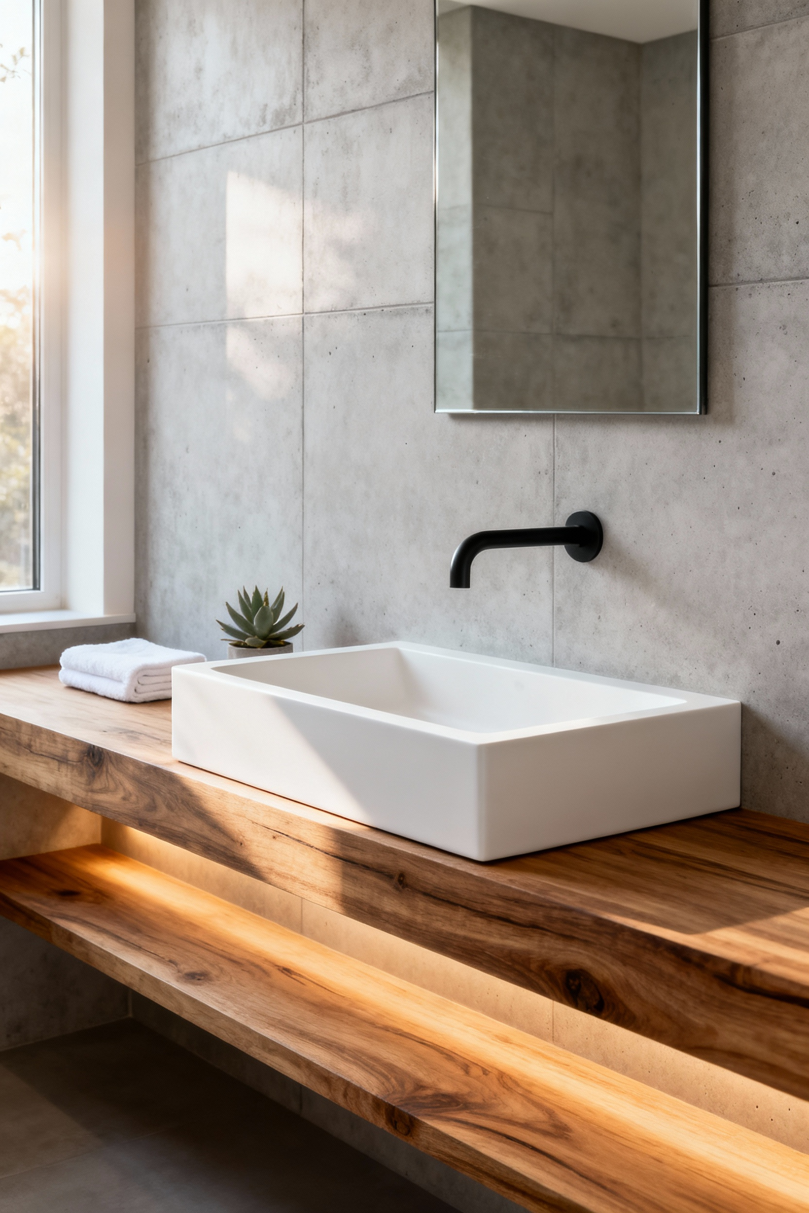 Seamless matte white solid surface basin integrated into a floating oak vanity in a modern minimalist bathroom setting