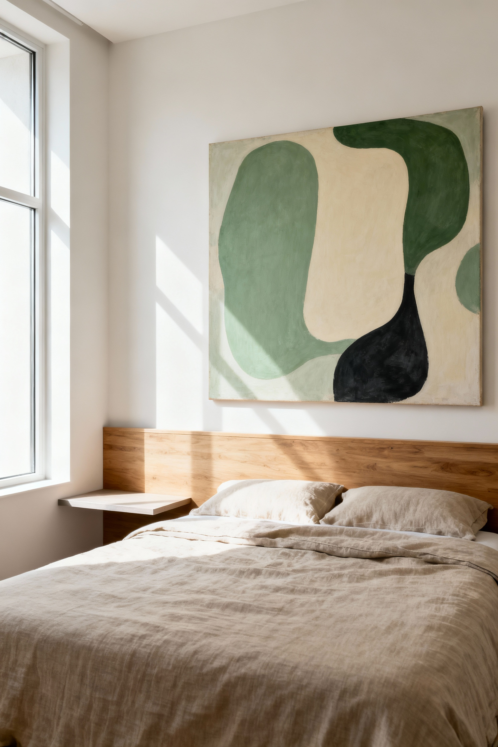A small modern bedroom utilizes a single oversized abstract painting above the bed to create an uninterrupted focal point, visually expanding the compact space and reducing visual noise.