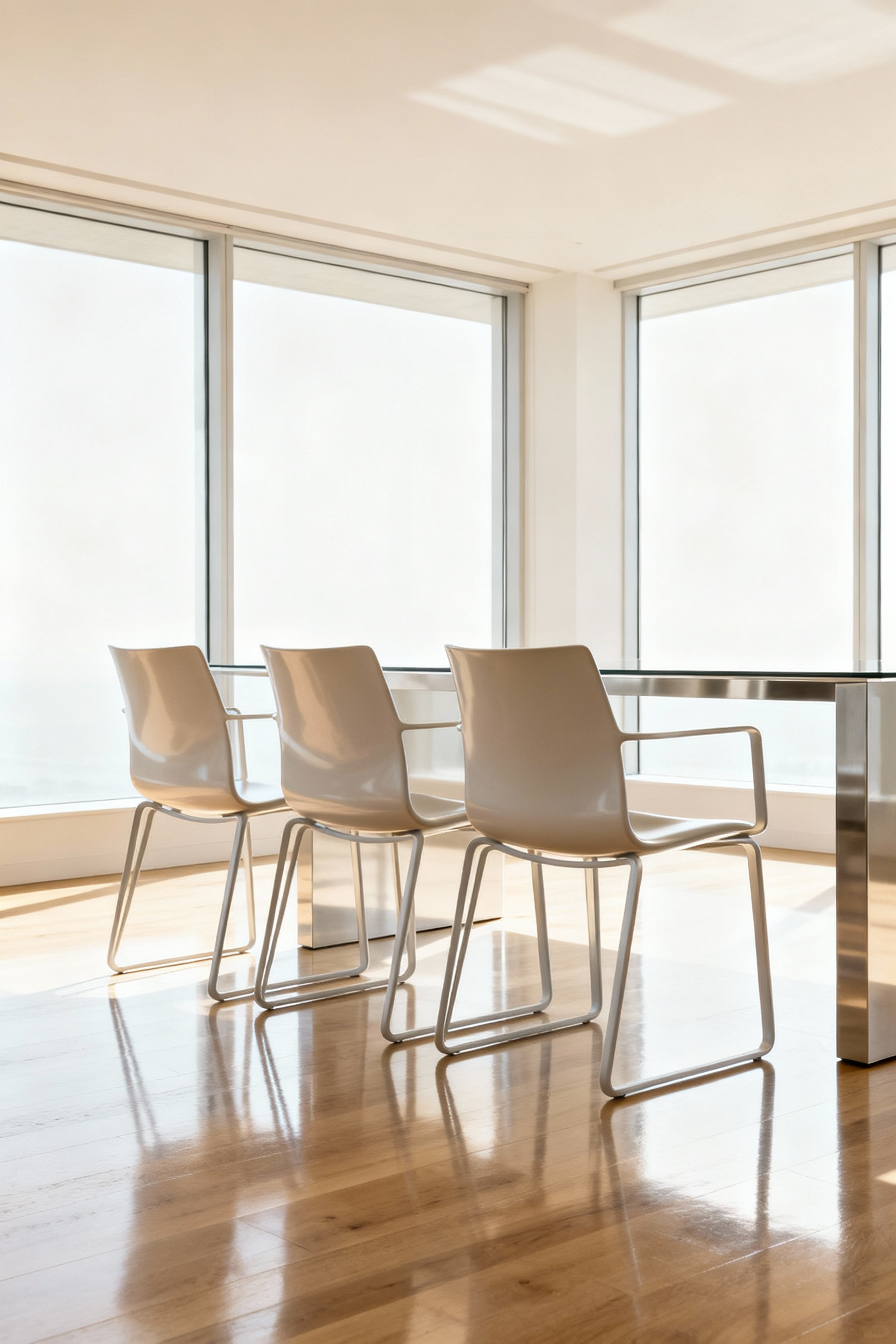 A modern dining room featuring minimalist, streamlined dining chairs with sleek profiles and slender legs. The design emphasizes clean lines and an open, airy feel in a contemporary setting.