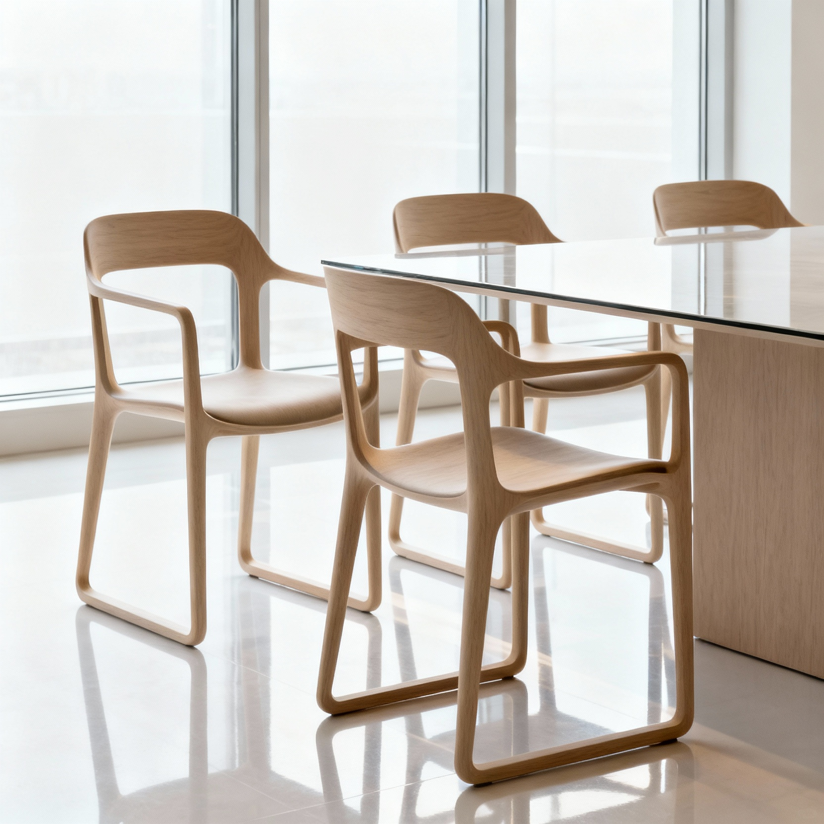 A modern dining room featuring minimalist, streamlined dining chairs with sleek profiles and slender legs. The design emphasizes clean lines and an open, airy feel in a contemporary setting.
