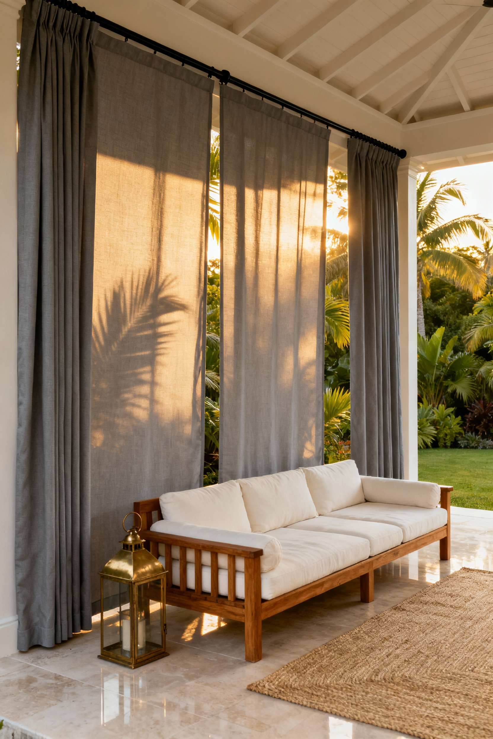 Heavy, structural slate-grey outdoor curtains framing a luxurious tropical back porch view, demonstrating architectural exterior drapery for creating an intimate, enclosed outdoor room effect.