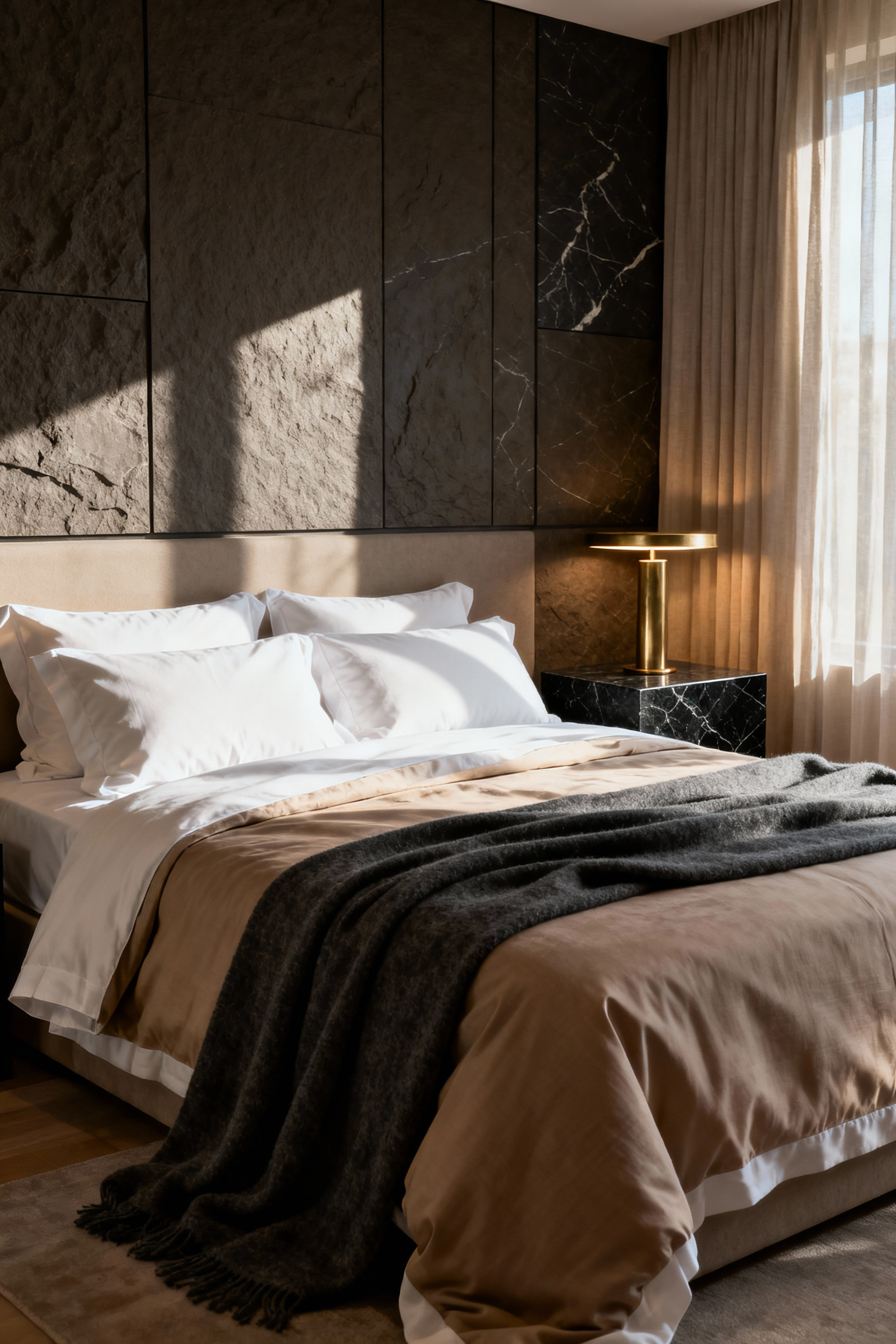 A luxury bedroom showcasing textural contrast between crisp white layered bedding, a soft cashmere throw, and a solid honed black marble side table.