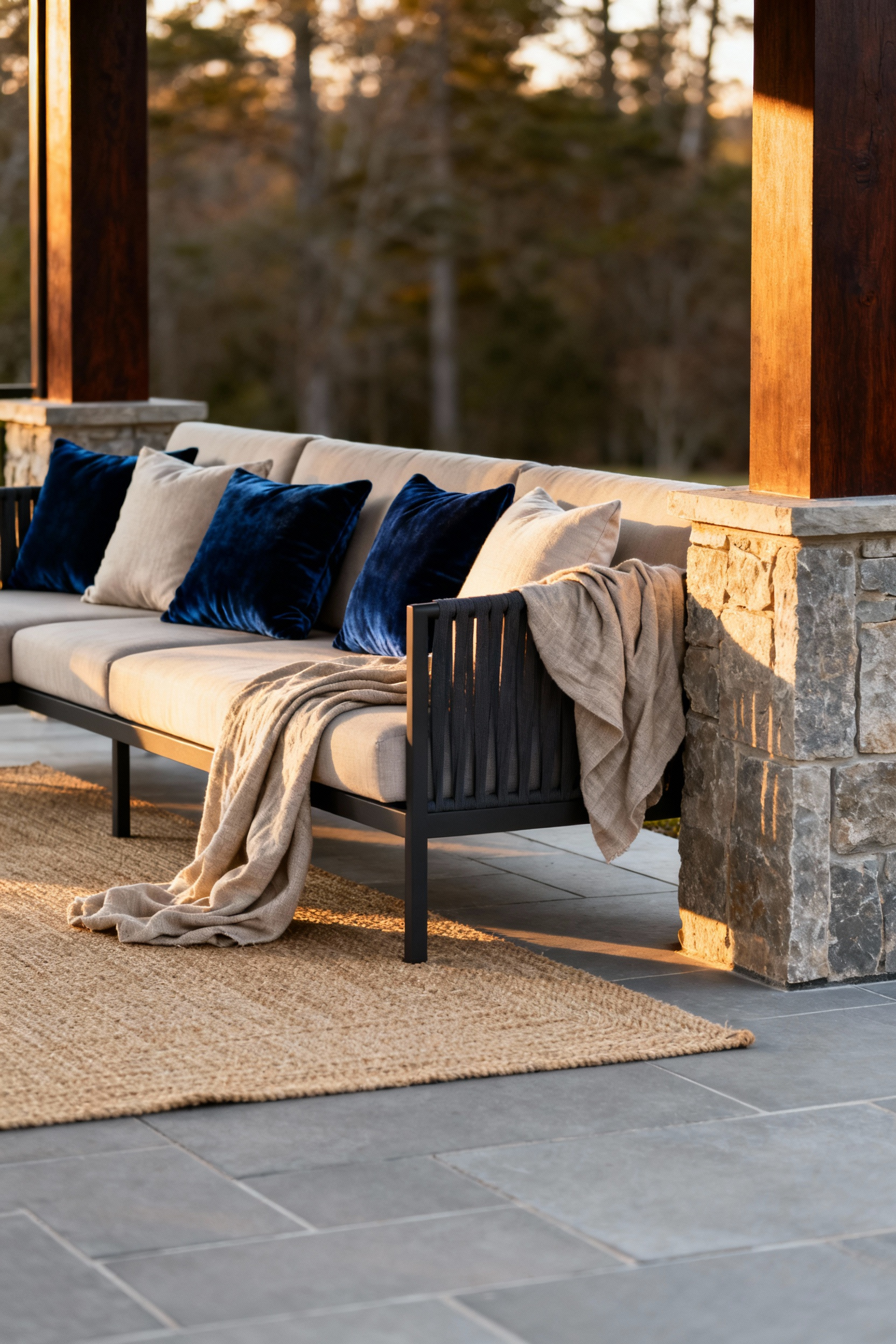 Luxury back porch decorating setup featuring a sofa with deep sapphire performance velvet cushions layered with soft, organic oyster linen pillows and a natural flax throw, softening the hard architectural lines.