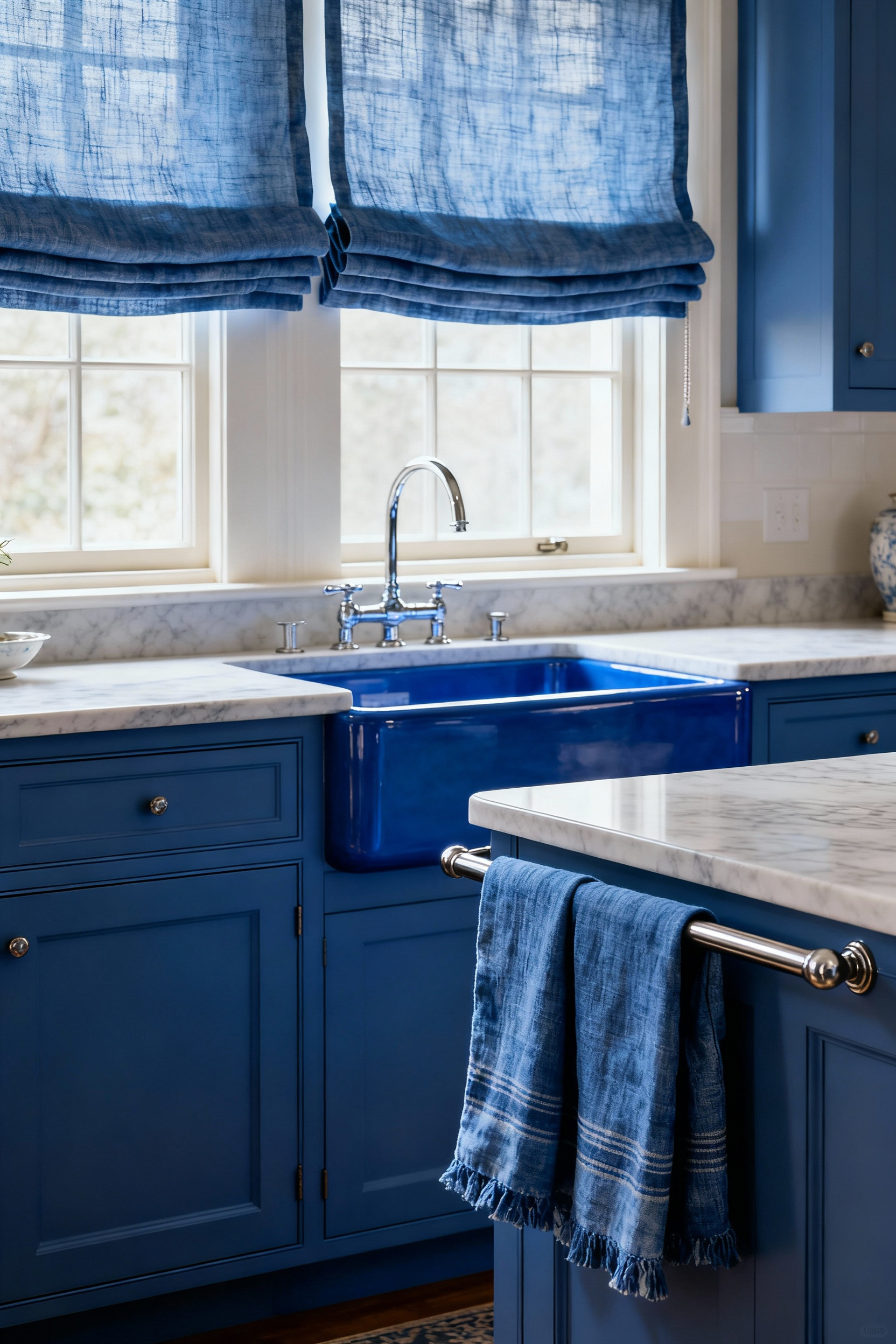 A stylish blue kitchen showcasing layered textural linens, including bespoke indigo Belgian linen Roman shades and complementary blue hand towels, enhancing comfort and depth in a culinary space.