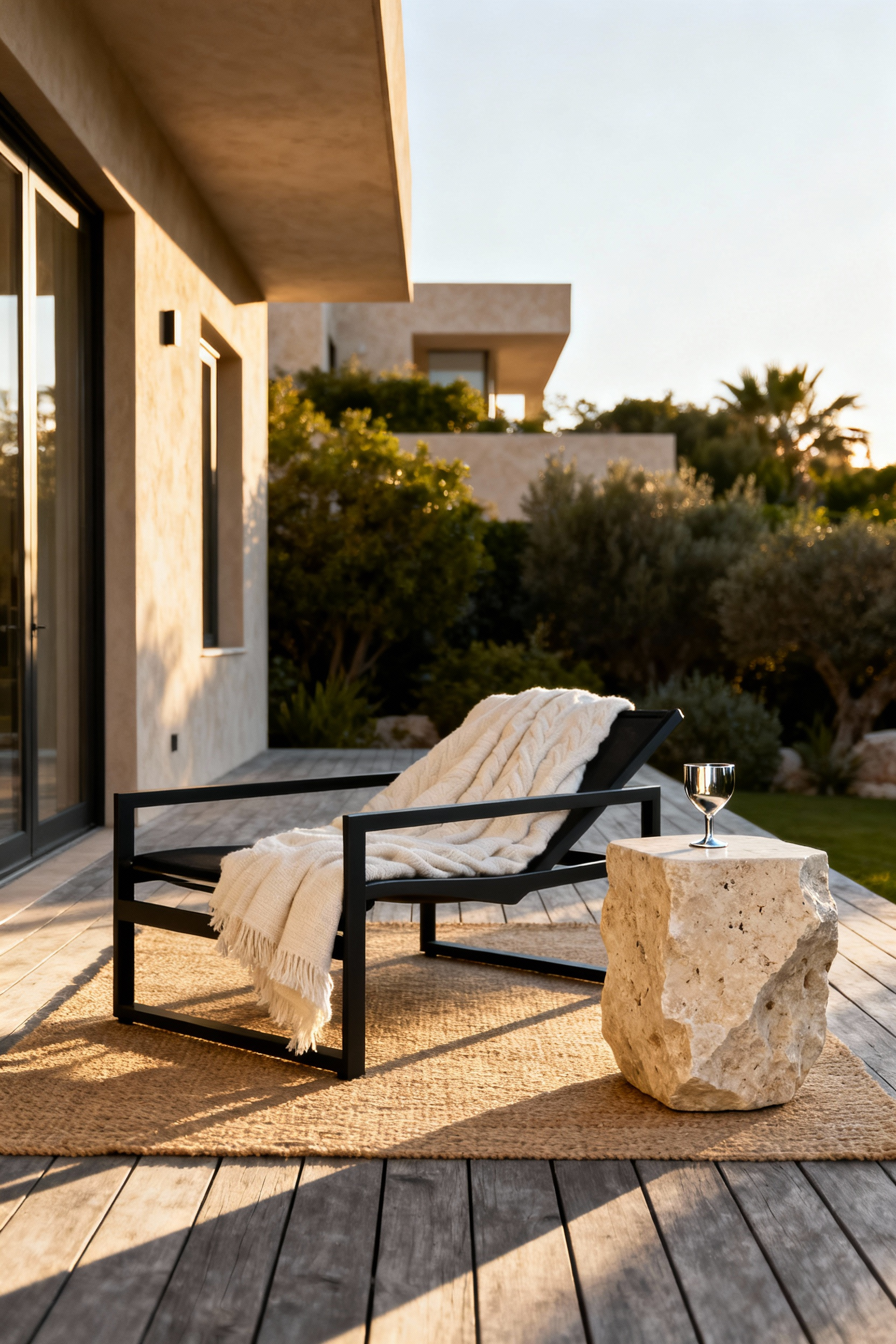 A luxurious back porch featuring high-contrast textures: a sleek charcoal metal chair frame juxtaposed against a coarse, hand-hewn travertine side table, emphasizing tactile layering and sophistication in outdoor decorating.