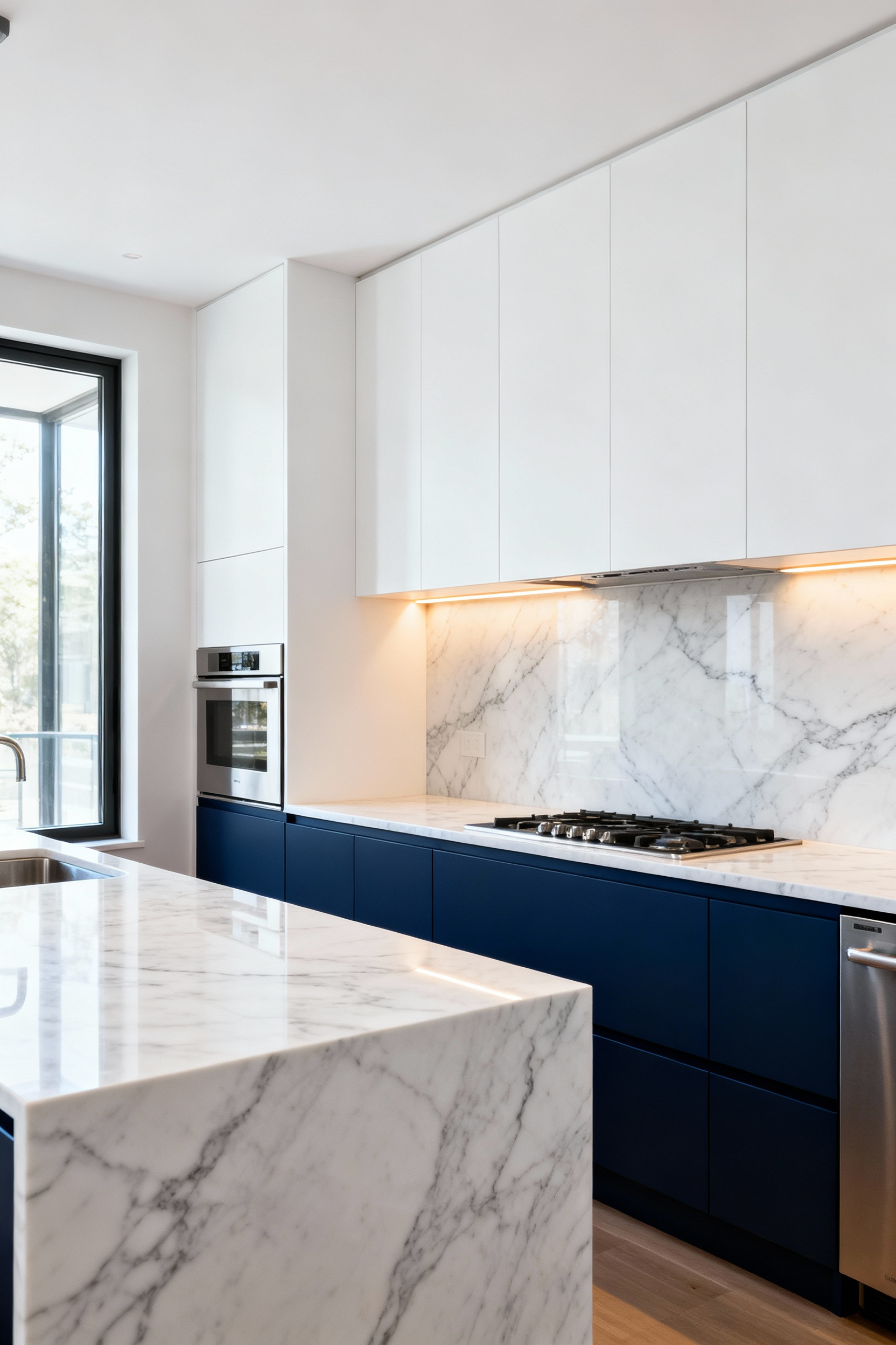 A contemporary two-tone kitchen featuring matte navy blue lower cabinets and bright white upper cabinets, illustrating balanced visual weight distribution with a white marble backsplash.