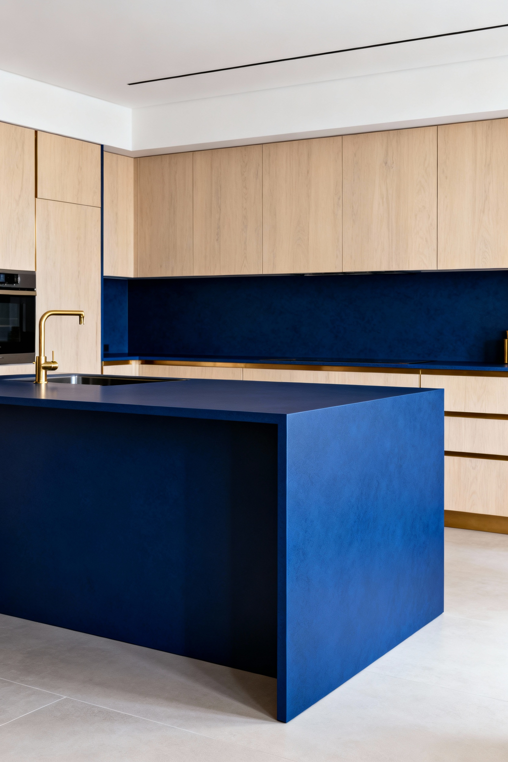 A sophisticated blue kitchen featuring countertops and a waterfall island made from deep sapphire blue ultra-compact surfaces, showcasing seamless design and consistent pigmentation.