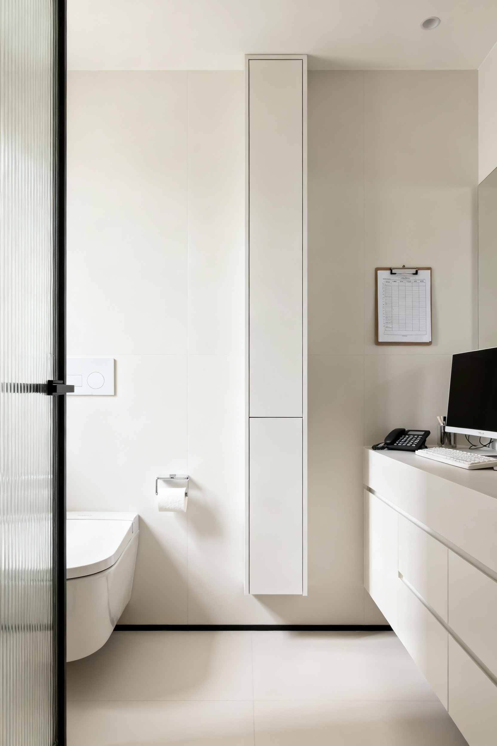 Tall, slim wall-mounted cabinet in a small, modern bathroom, showcasing effective vertical storage solutions for maximizing space and organization.
