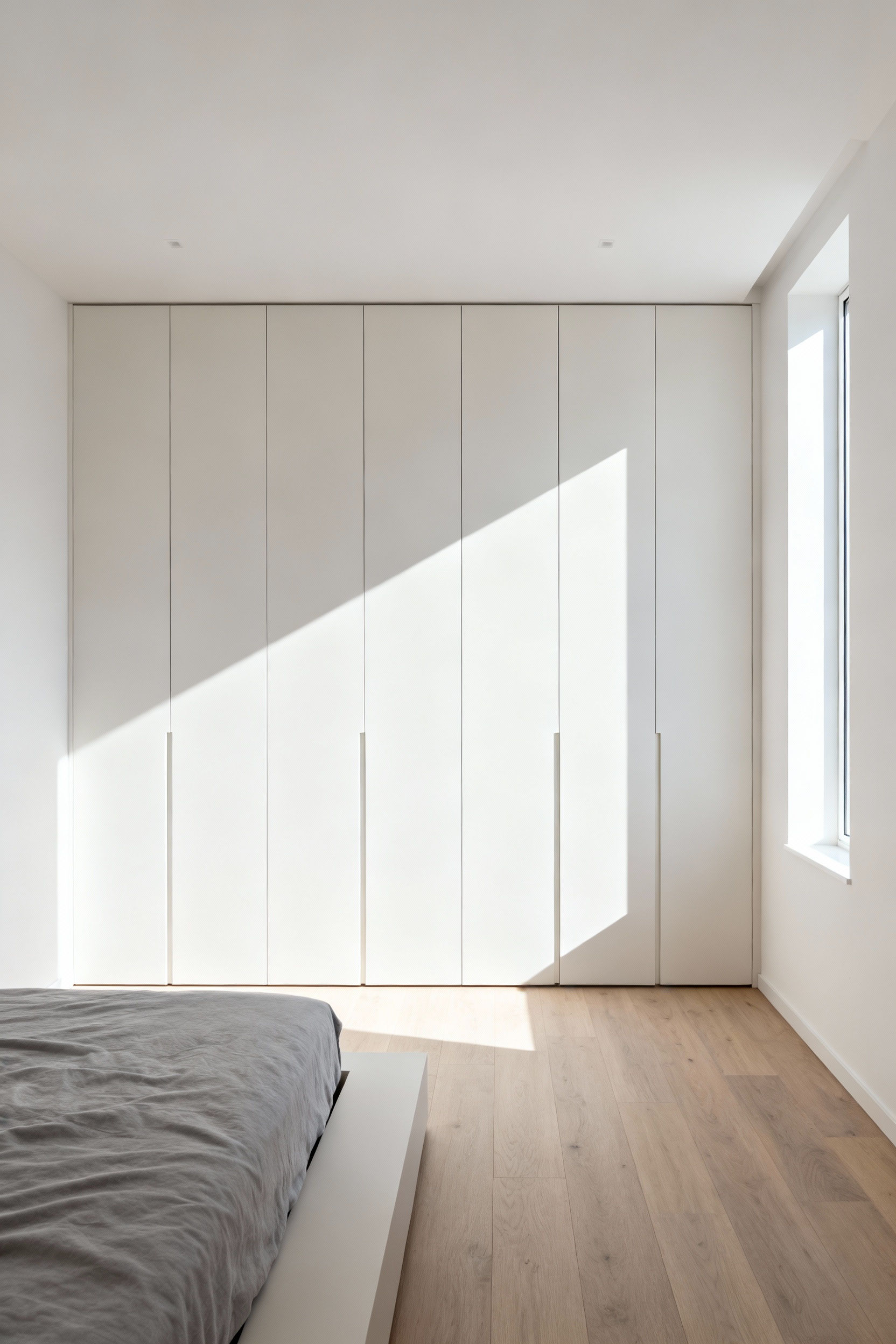 Small modern bedroom featuring seamless white floor-to-ceiling cabinetry that vertically zones the space, emphasizing height and maximizing storage.