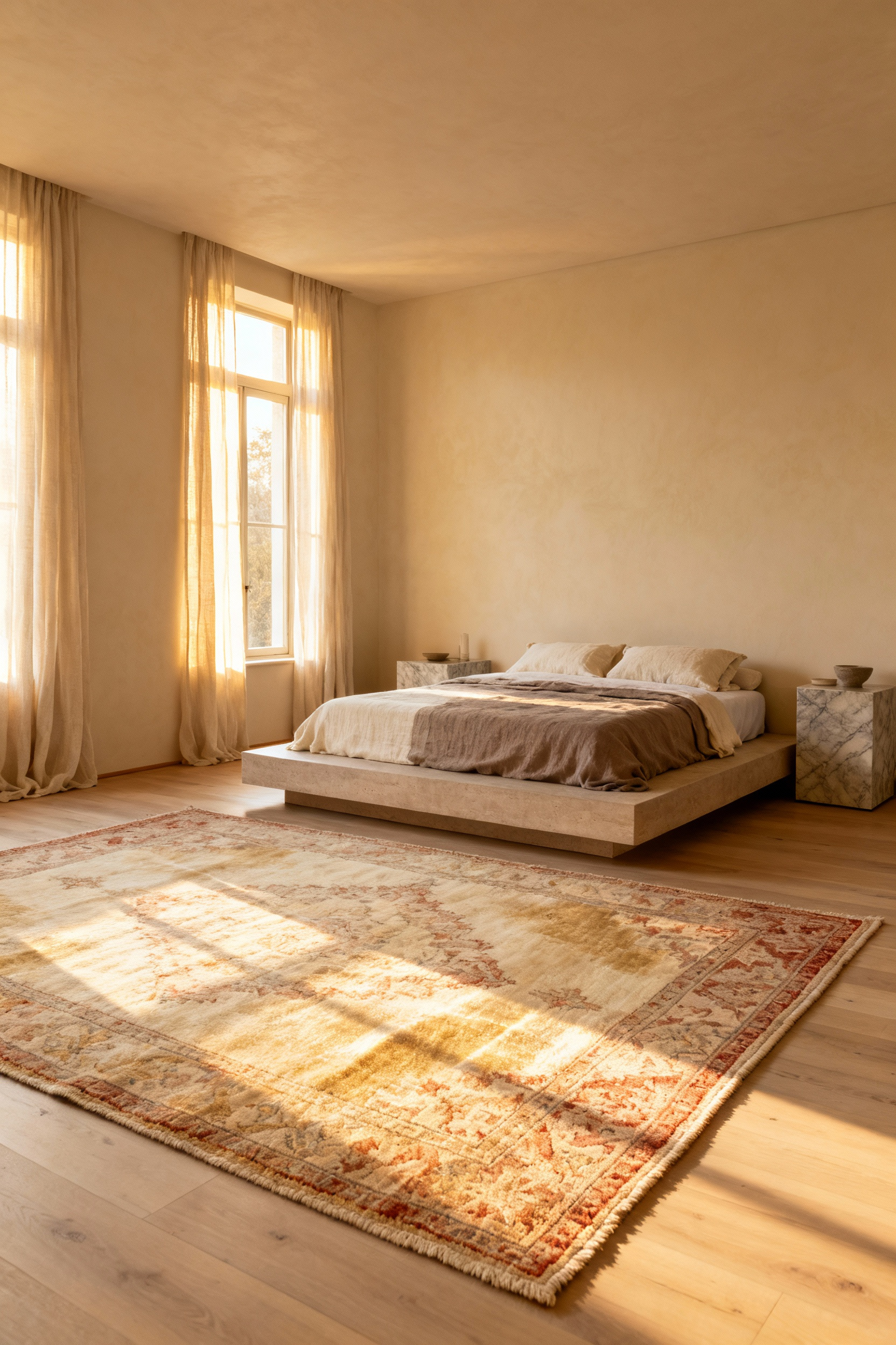 A quiet luxury bedroom featuring a large vintage Turkish Oushak rug with a silky sheen under a low platform bed dressed in tailored linen, demonstrating the importance of the rug as the foundation of the room.