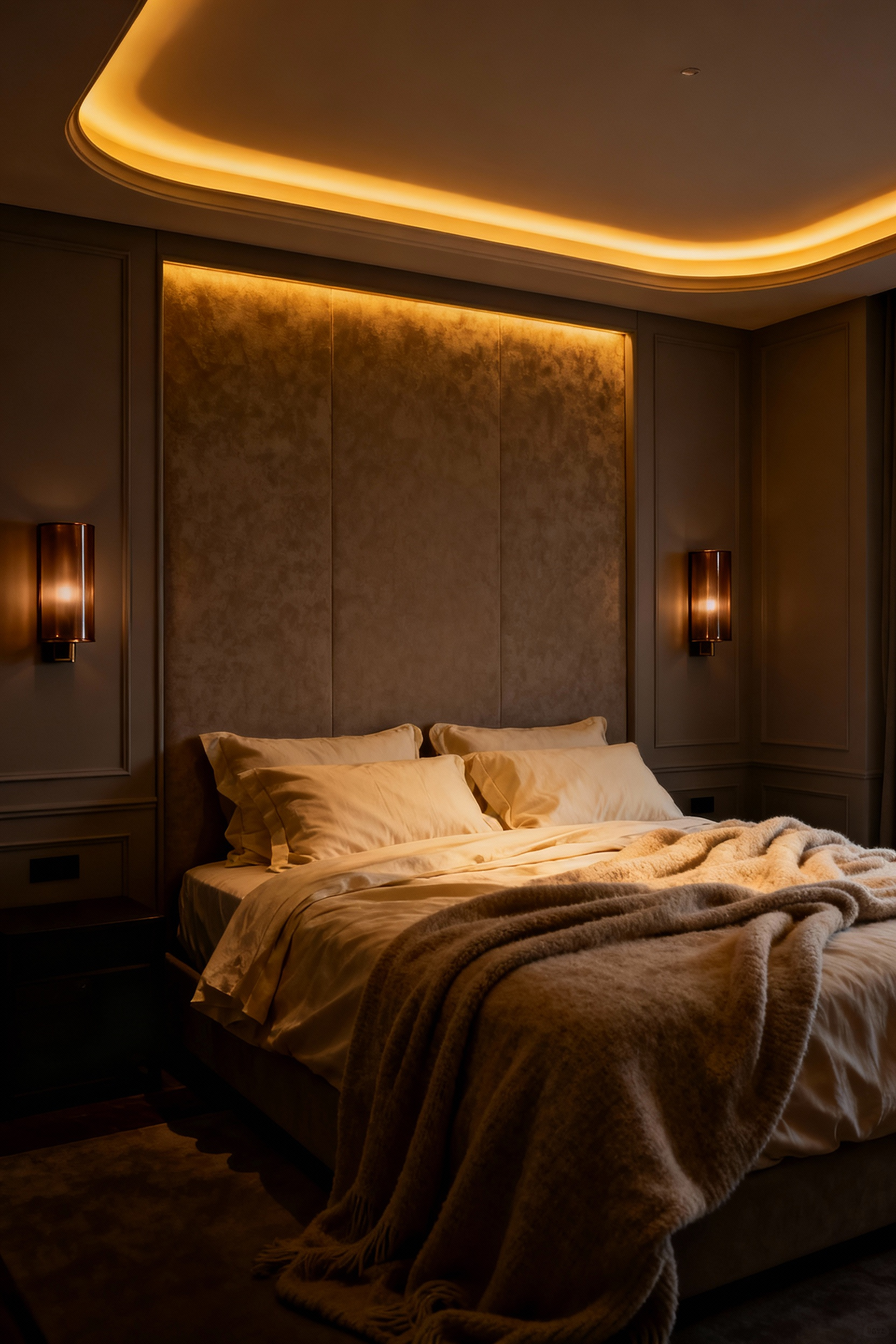 Luxury bedroom design featuring soft 2500K warm amber lighting, cove lighting, and minimalist wall sconces creating a restful, sophisticated atmosphere.