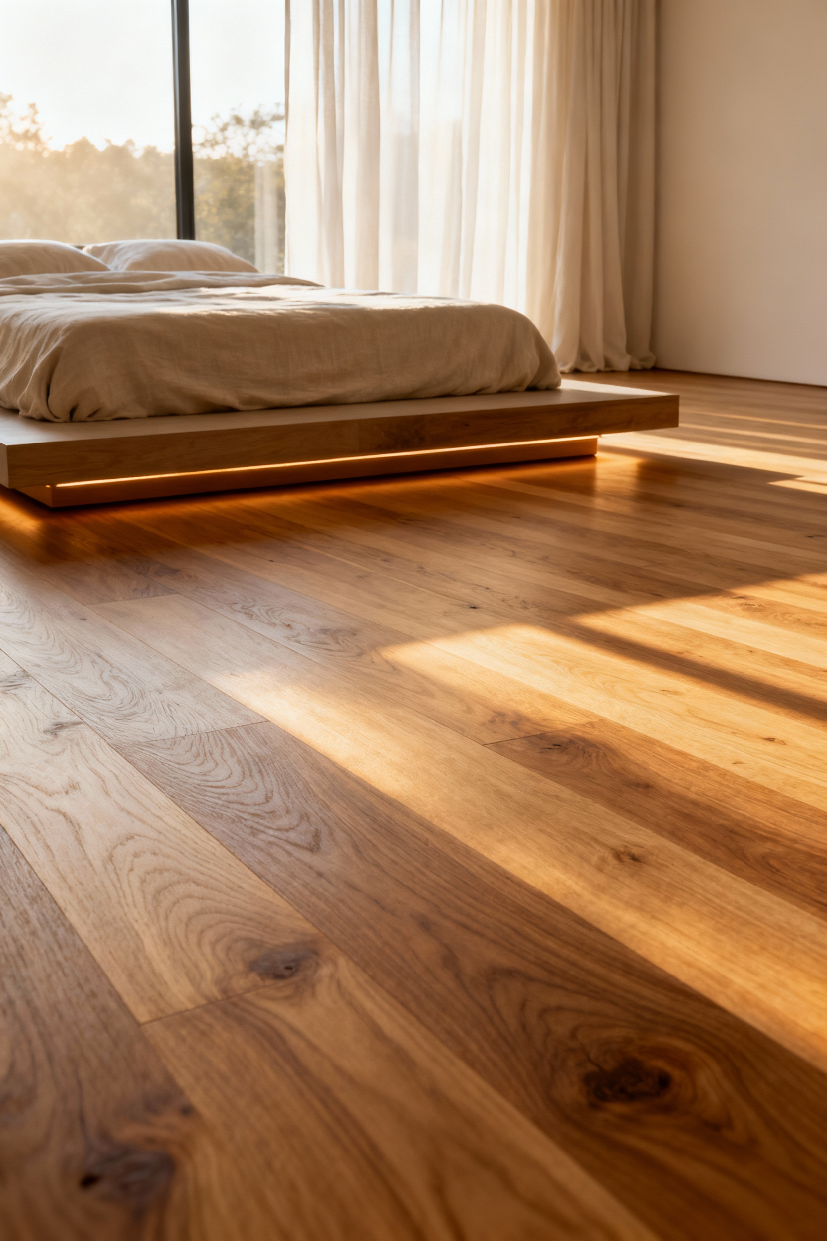 Expansive luxury master bedroom floor featuring seamless, wide-plank European Oak wood installation illuminated by warm morning light.