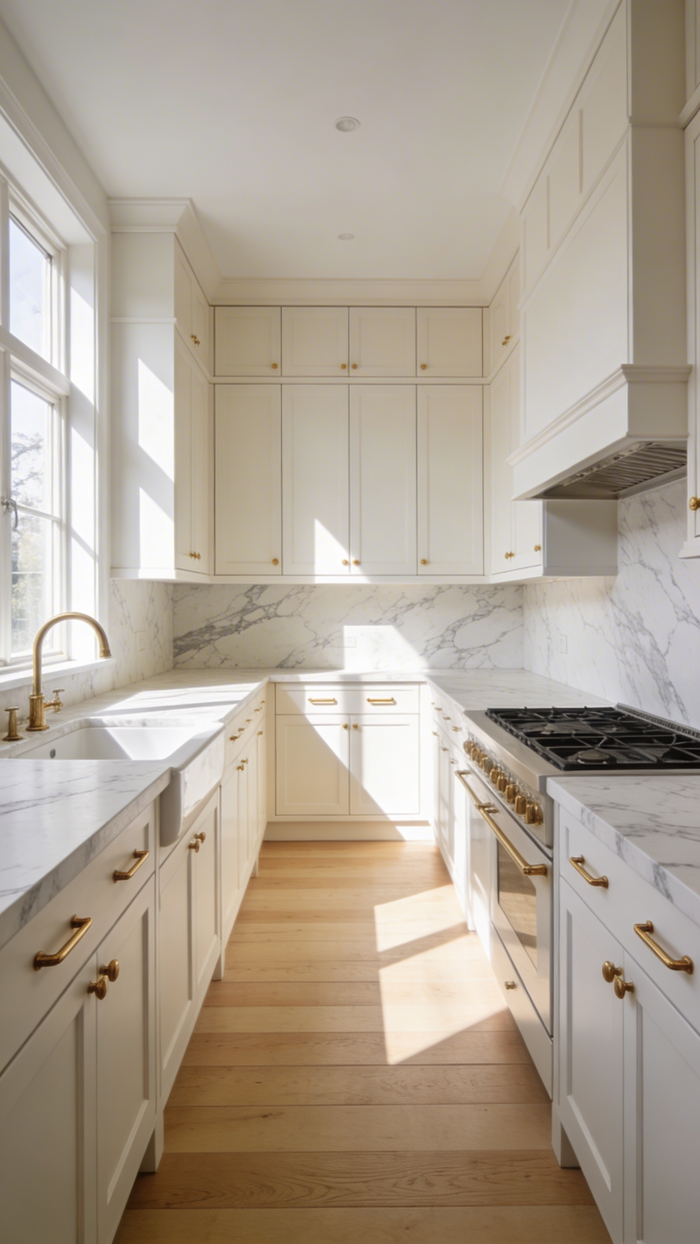 A spacious and bright modern kitchen with warm alabaster white cabinets, gold hardware, and natural wood flooring under soft sunlight.