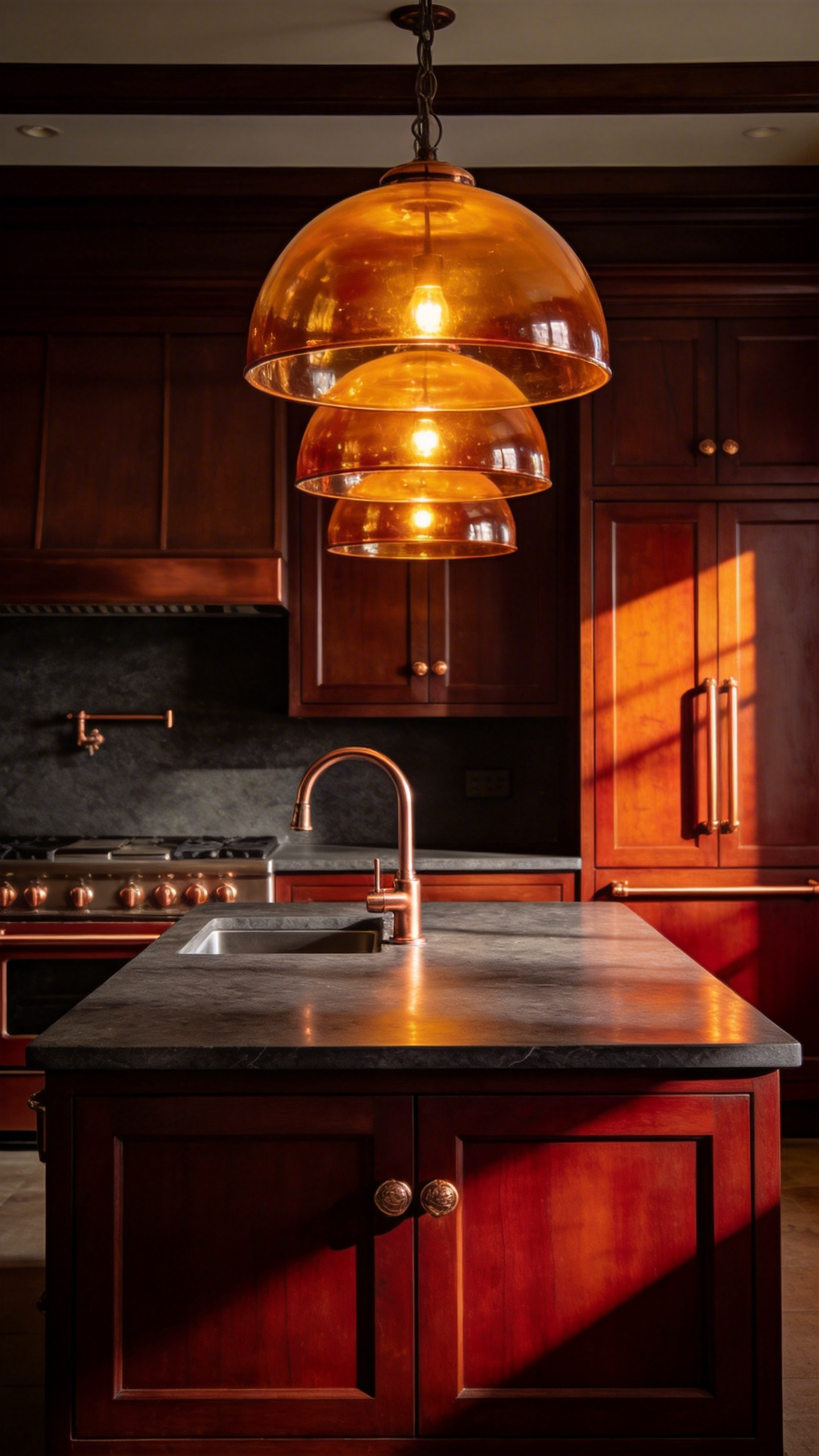 Luxury brown kitchen with mahogany cabinets and a large island illuminated by three glowing amber glass pendant lights and accented with copper hardware, emphasizing dimensional wood texture.
