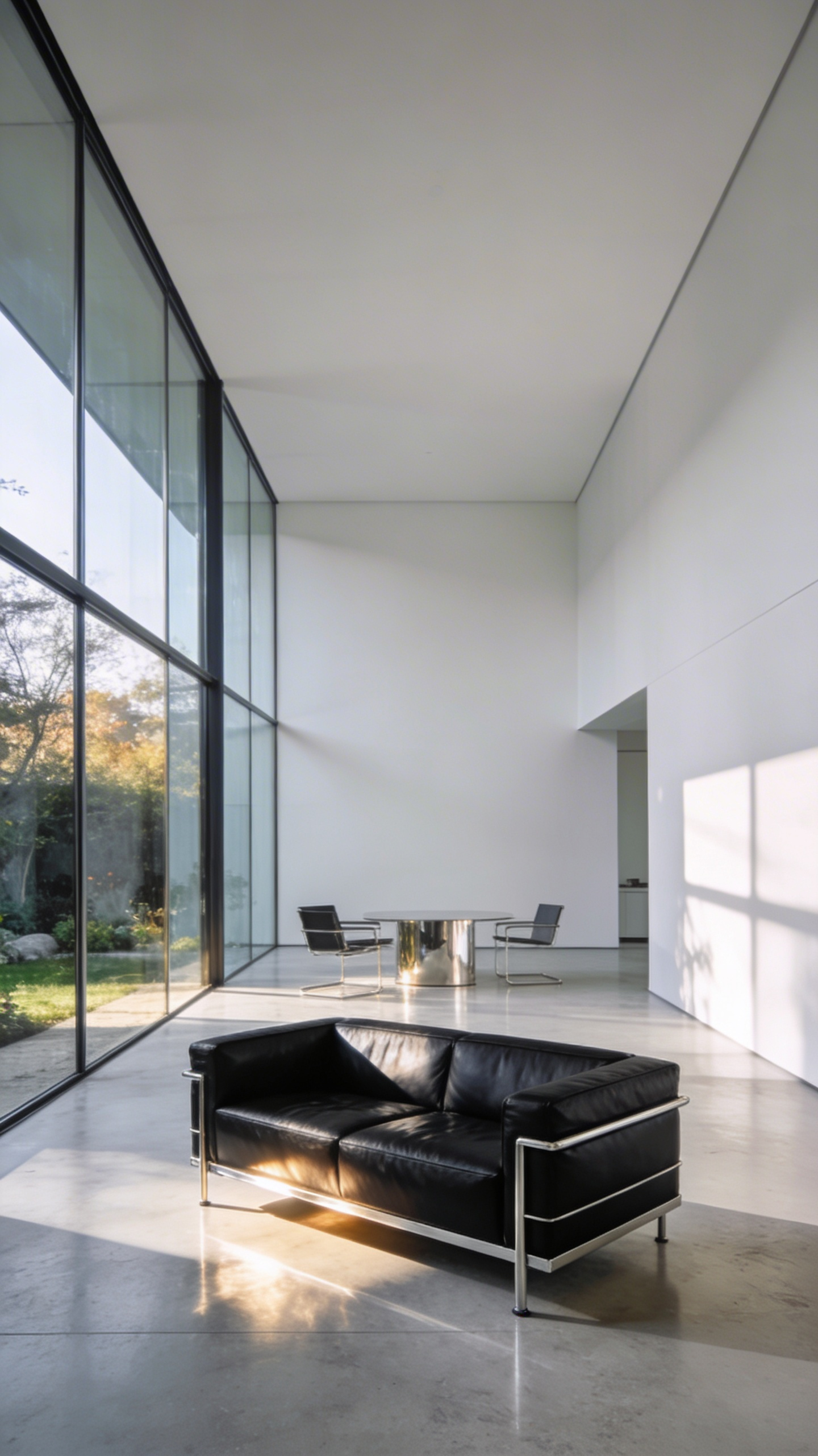 A modern minimalist living room featuring a black leather Le Corbusier style sofa with a visible chrome steel frame as the architectural centerpiece.