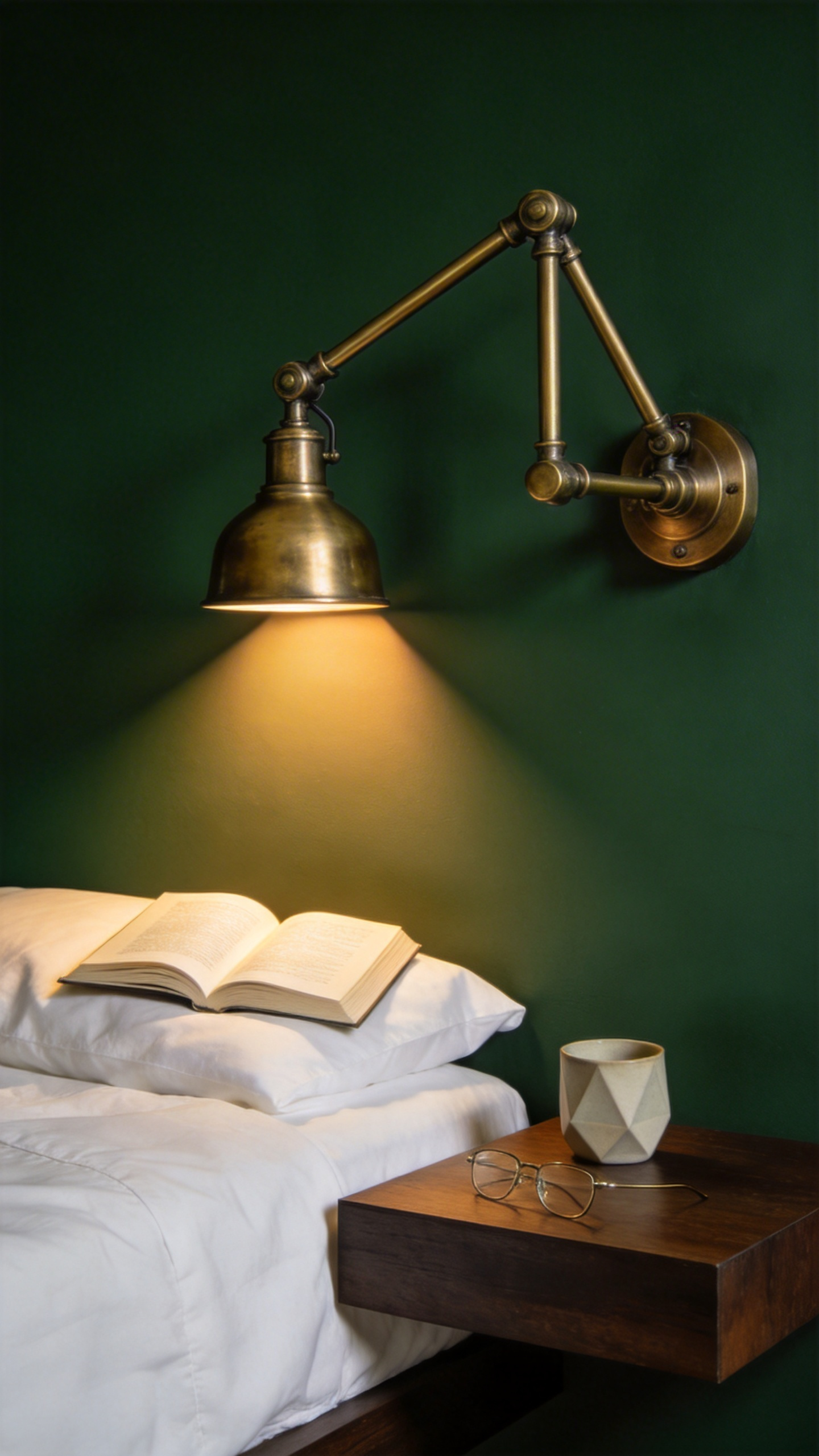 Articulated brass swing arm reading sconce mounted above an uncluttered nightstand, illuminating a book in a dark green luxurious bedroom.