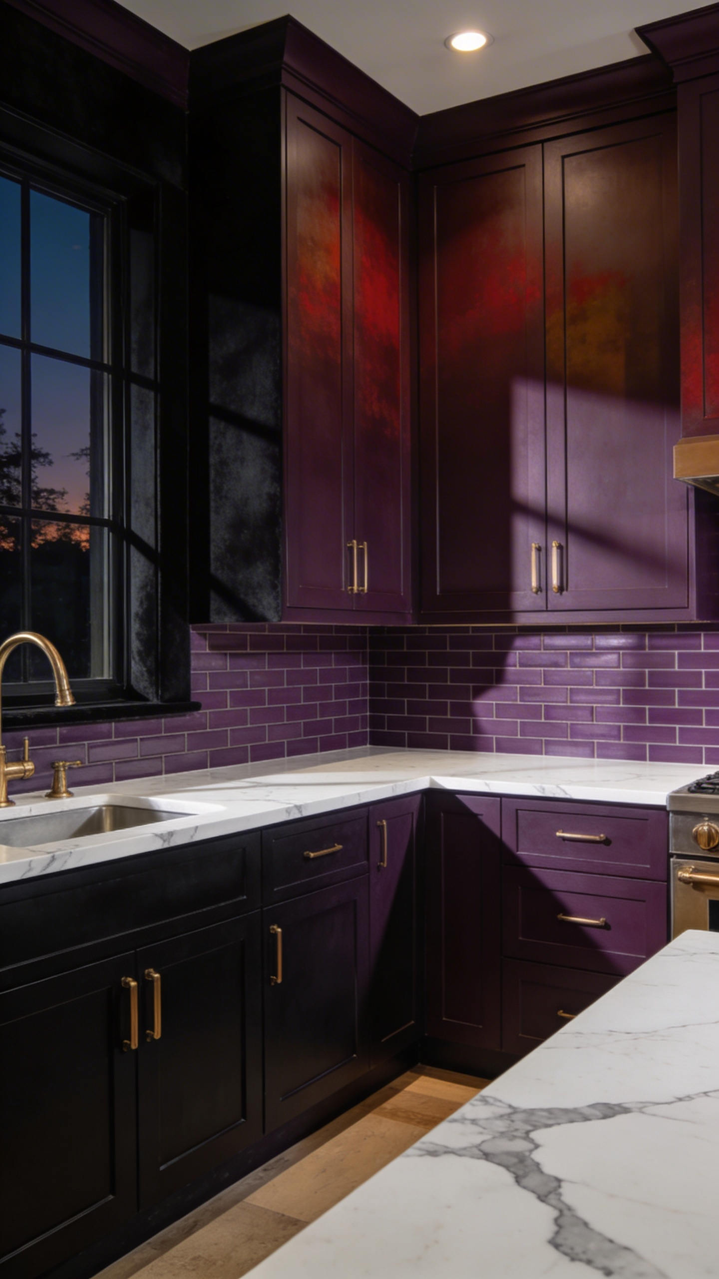 A luxury kitchen interior showcasing deep aubergine and plum colored cabinets with elegant brass handles and marble surfaces.