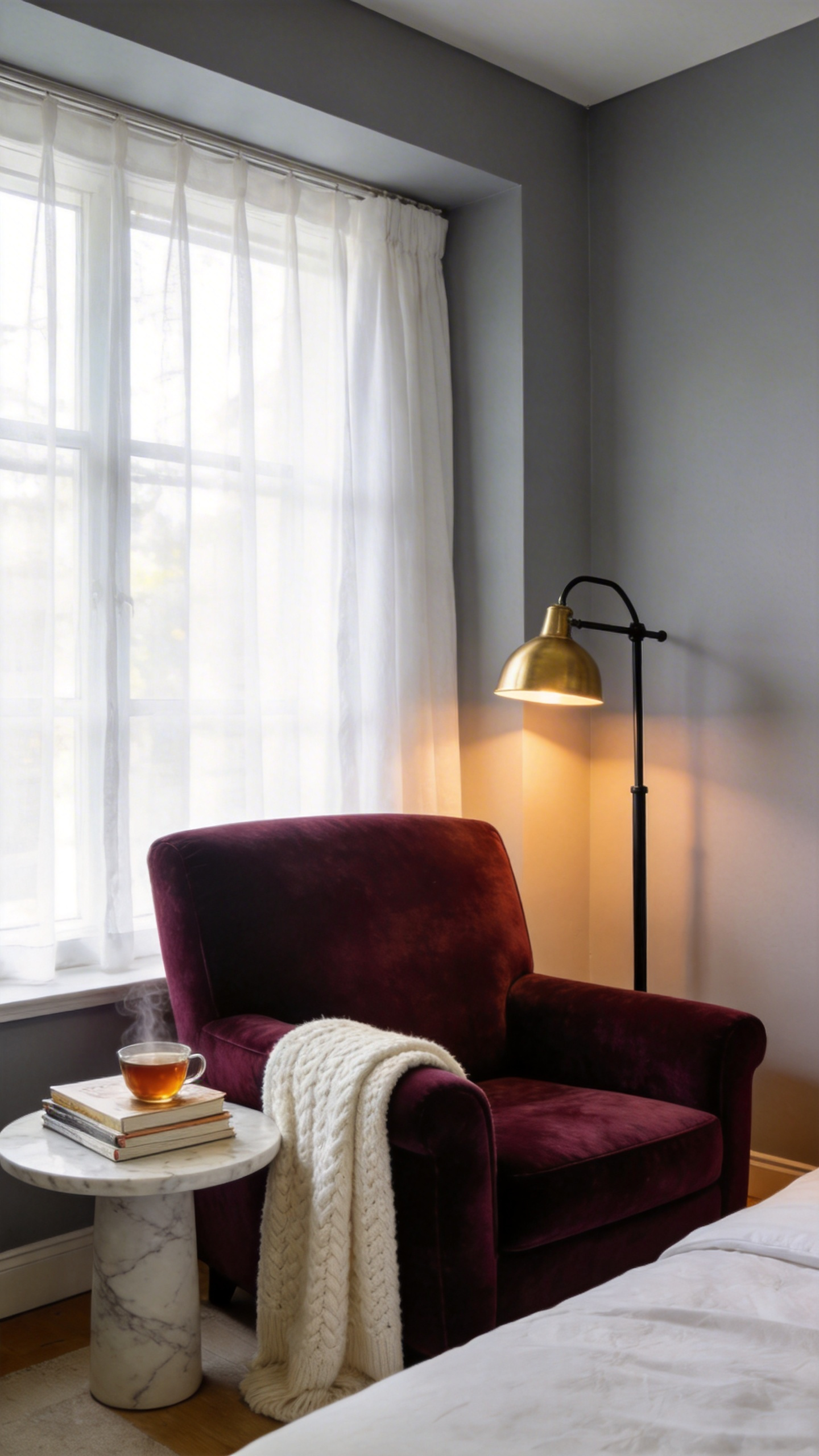 A deeply cushioned, dark oxblood velvet club chair defining a private seating nook in a well-lit bedroom, complete with a marble side table and articulating brass floor lamp for decompression and solitude.