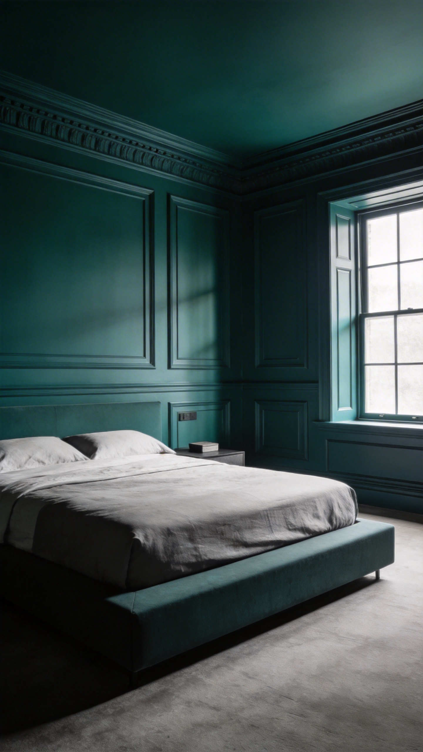 A master bedroom using a color drenching paint scheme with walls and millwork painted in a single deep teal shade to expand the perceived space.