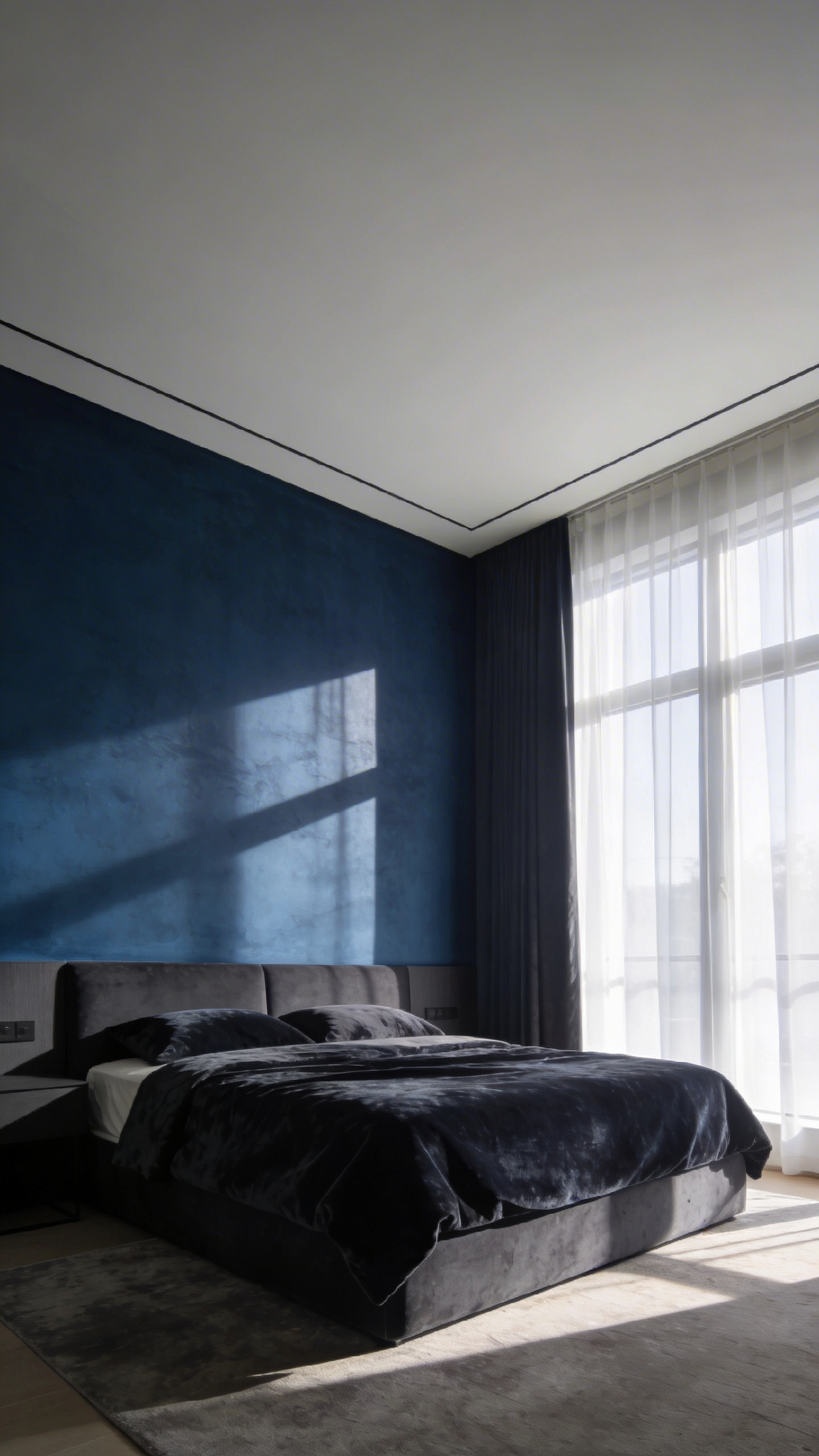A high-end bedroom interior featuring a deep midnight blue and charcoal paint scheme designed for emotional relaxation and neuro-aesthetic appeal.