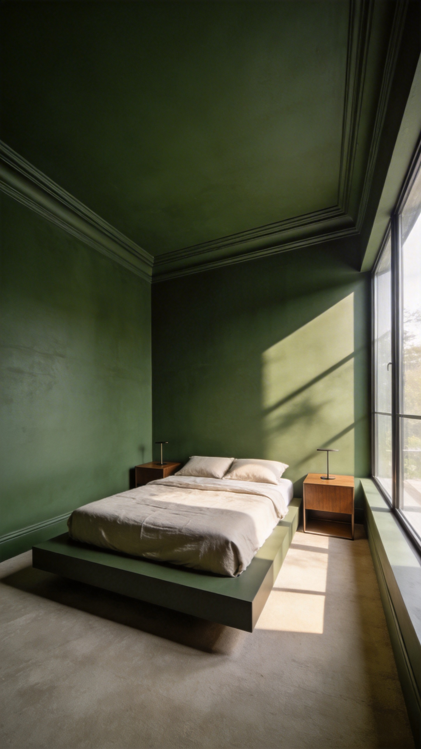A modern bedroom with walls and ceiling painted in a matching deep sage green color to create an immersive and calm environment.