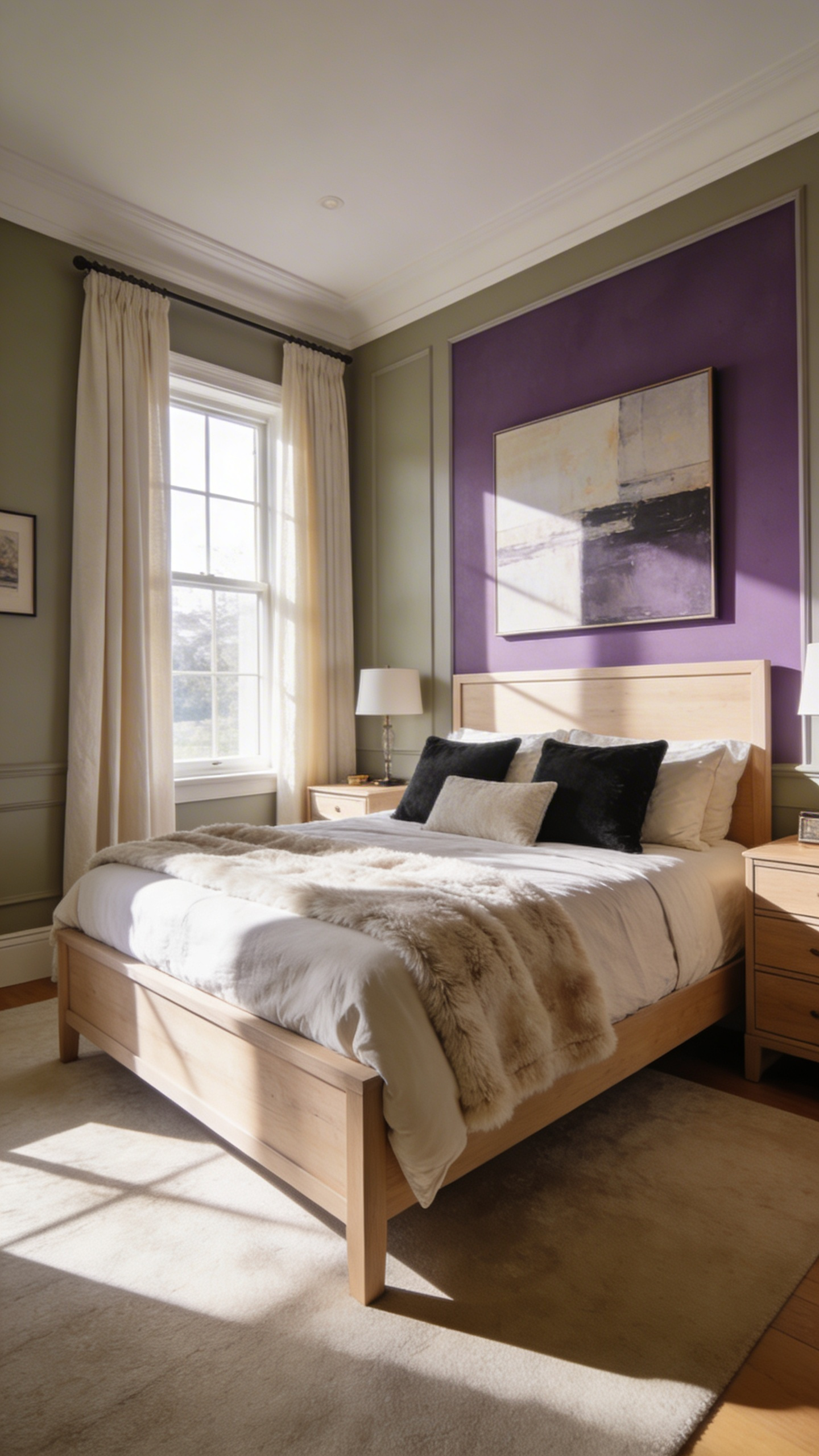 A professionally designed bedroom featuring warm greige walls with violet undertones and a balanced neutral color palette for better sleep.
