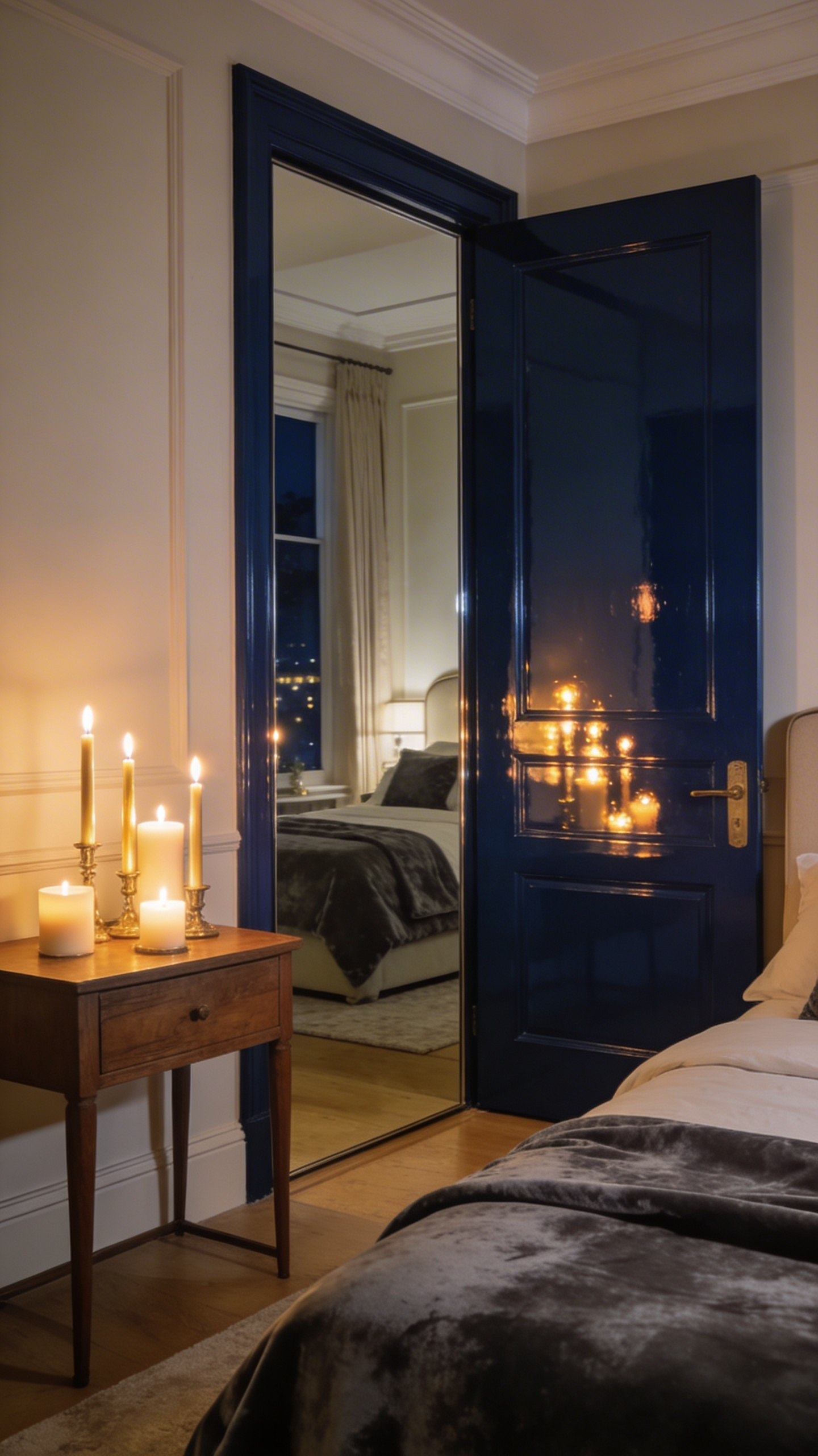 A luxurious bedroom featuring a high-gloss navy door reflecting the warm glow of candlelight to enhance the room illumination.