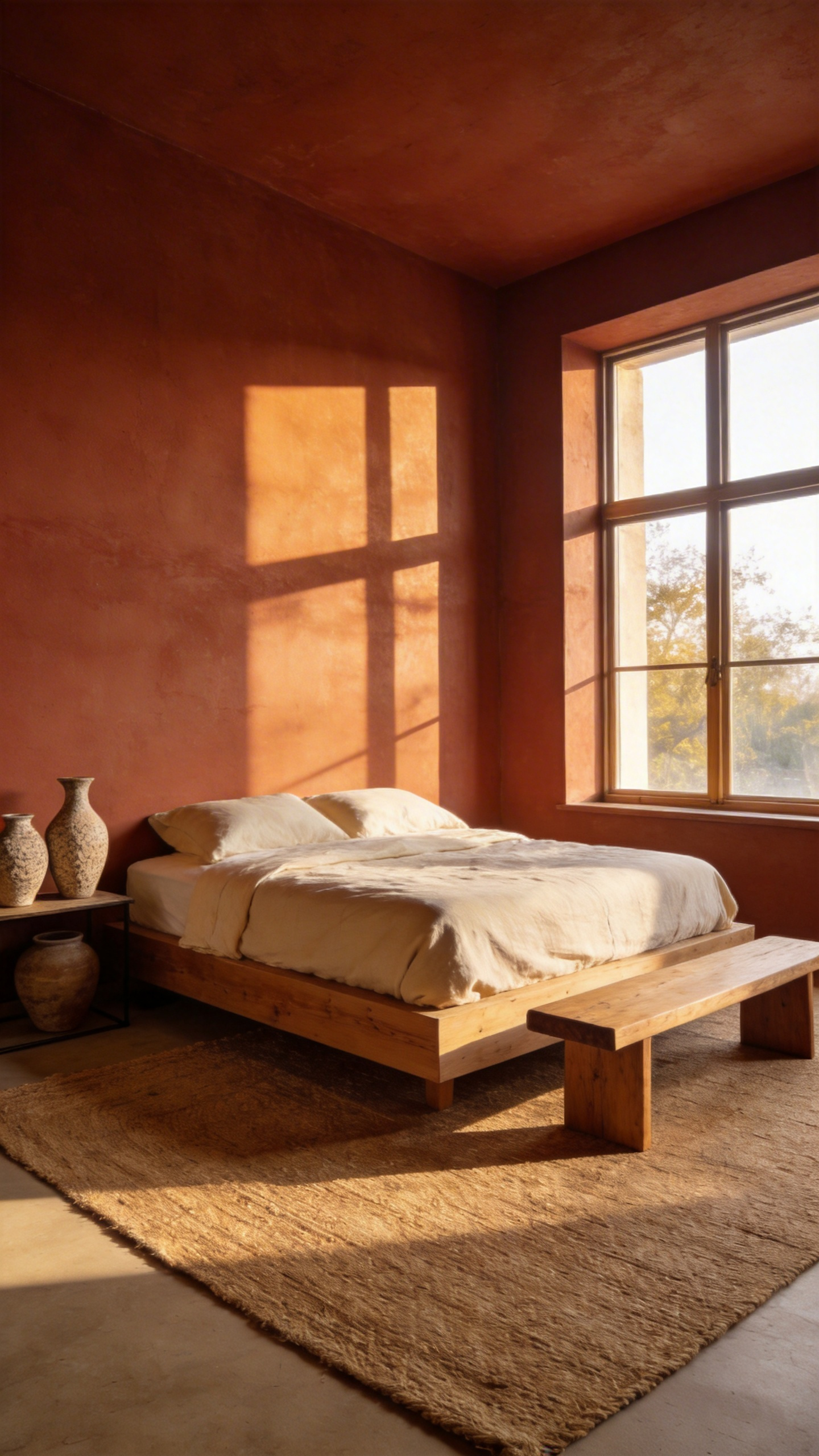 A modern minimalist bedroom featuring warm terracotta and clay-toned walls with natural wood furniture and golden sunlight.