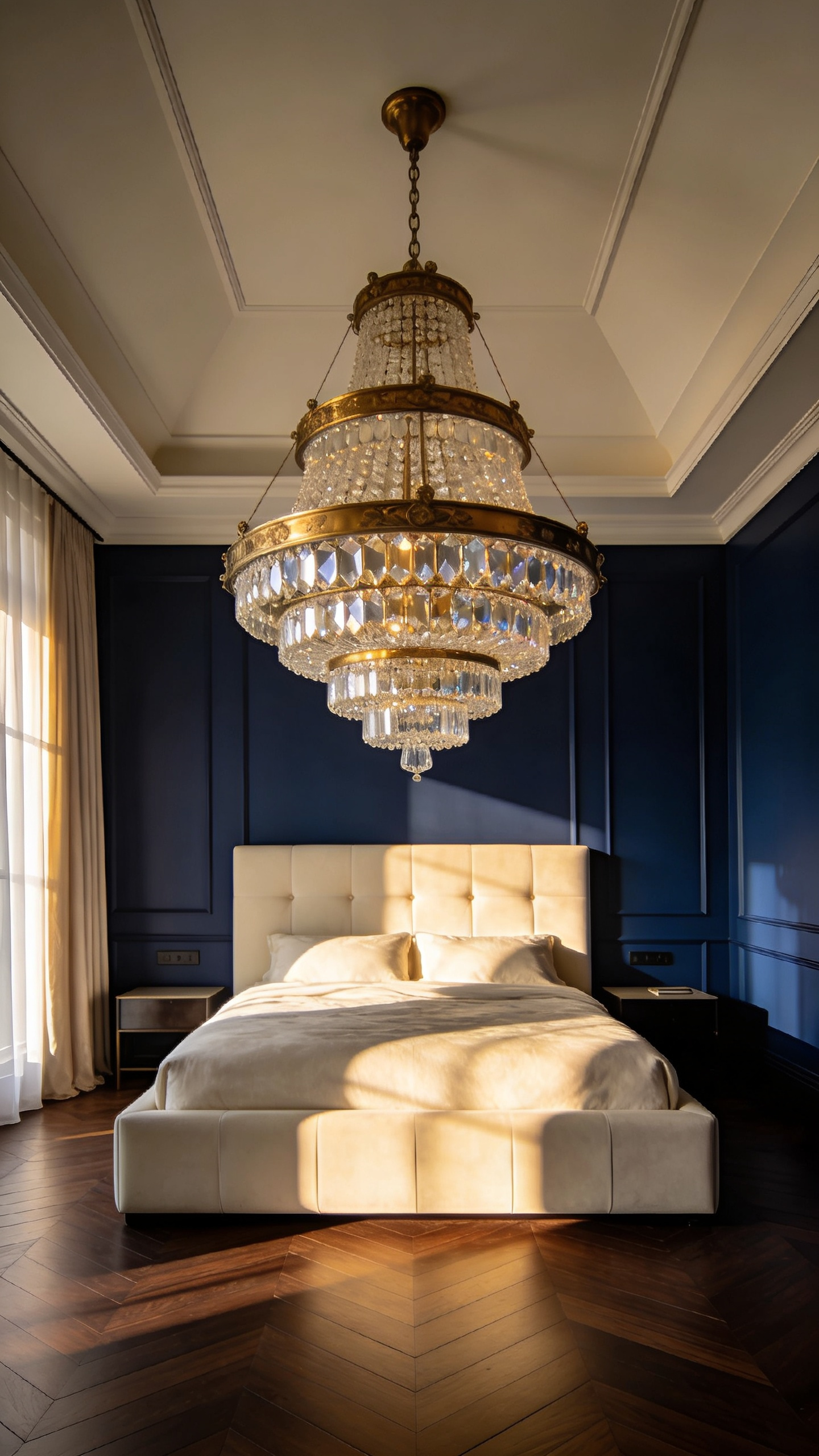 A photograph of a luxurious master bedroom where an oversized crystal and brass chandelier is dramatically positioned over the king bed, illustrating the impact of statement lighting scale.