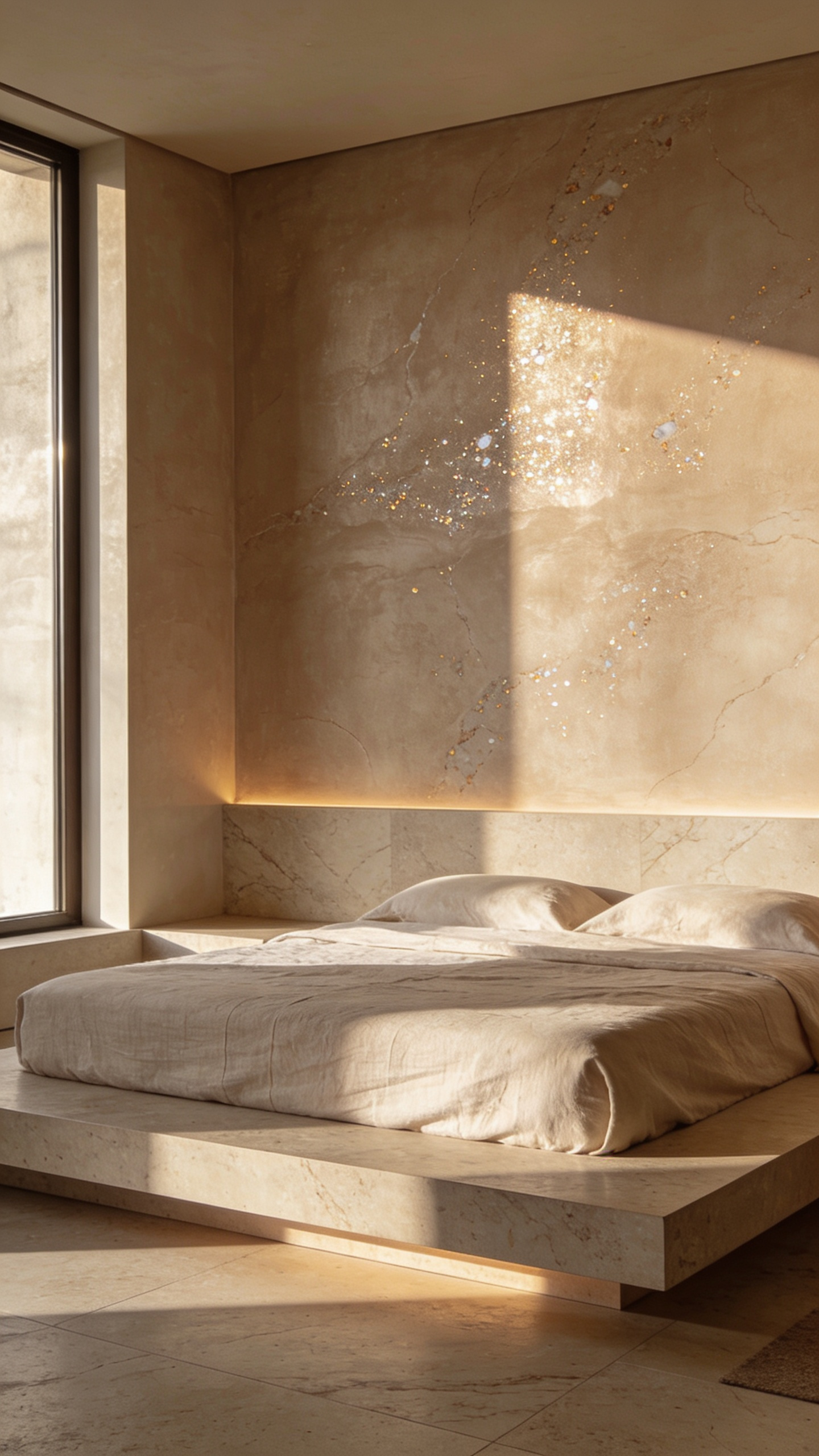 A luxurious modern bedroom wall coated in warm taupe Venetian plaster, showing subtle texture and depth under natural raking light.