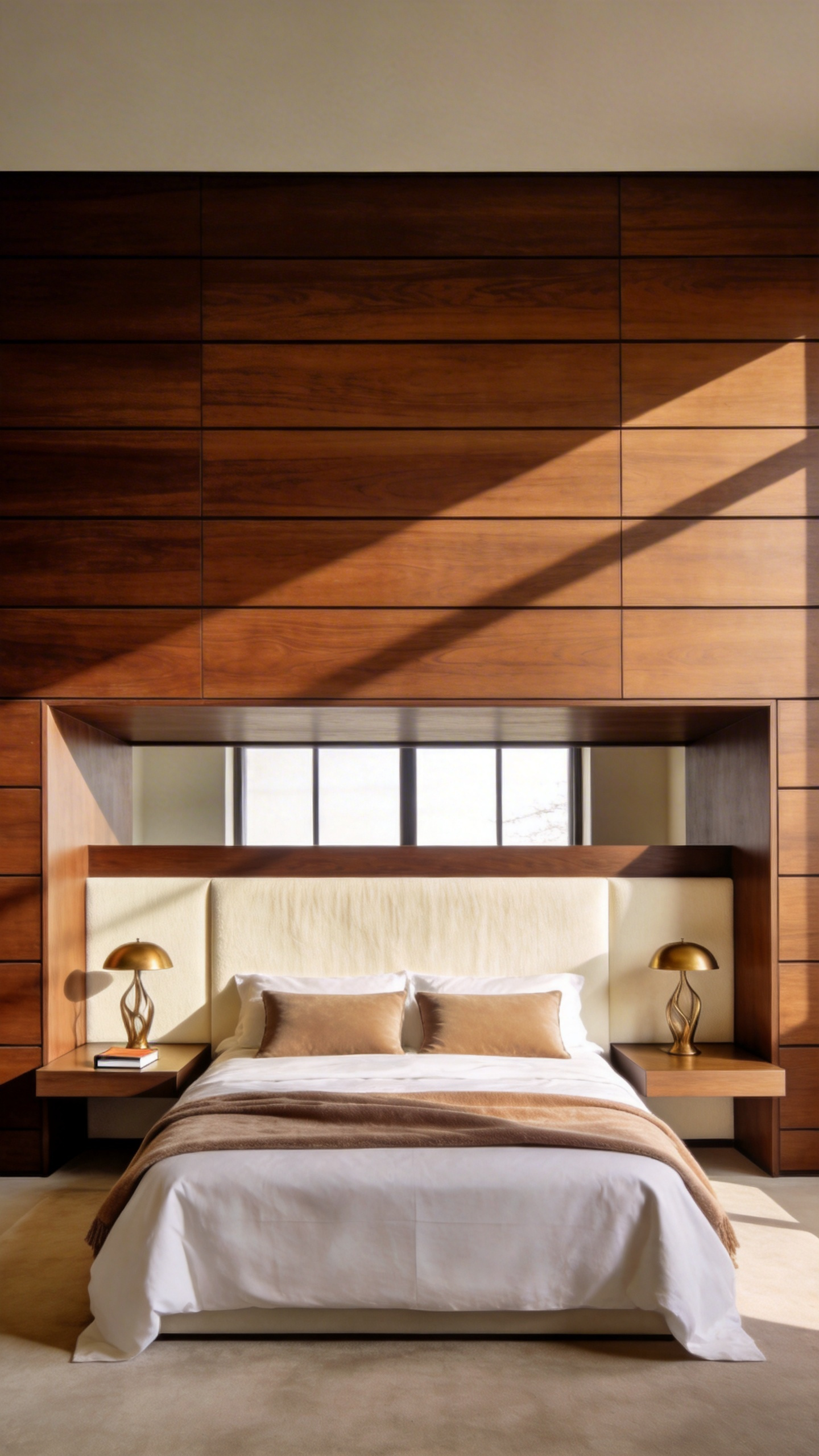 Bespoke wide walnut headboard paneling extending horizontally across the wall to seamlessly encompass and integrate floating nightstands in a modern bedroom.