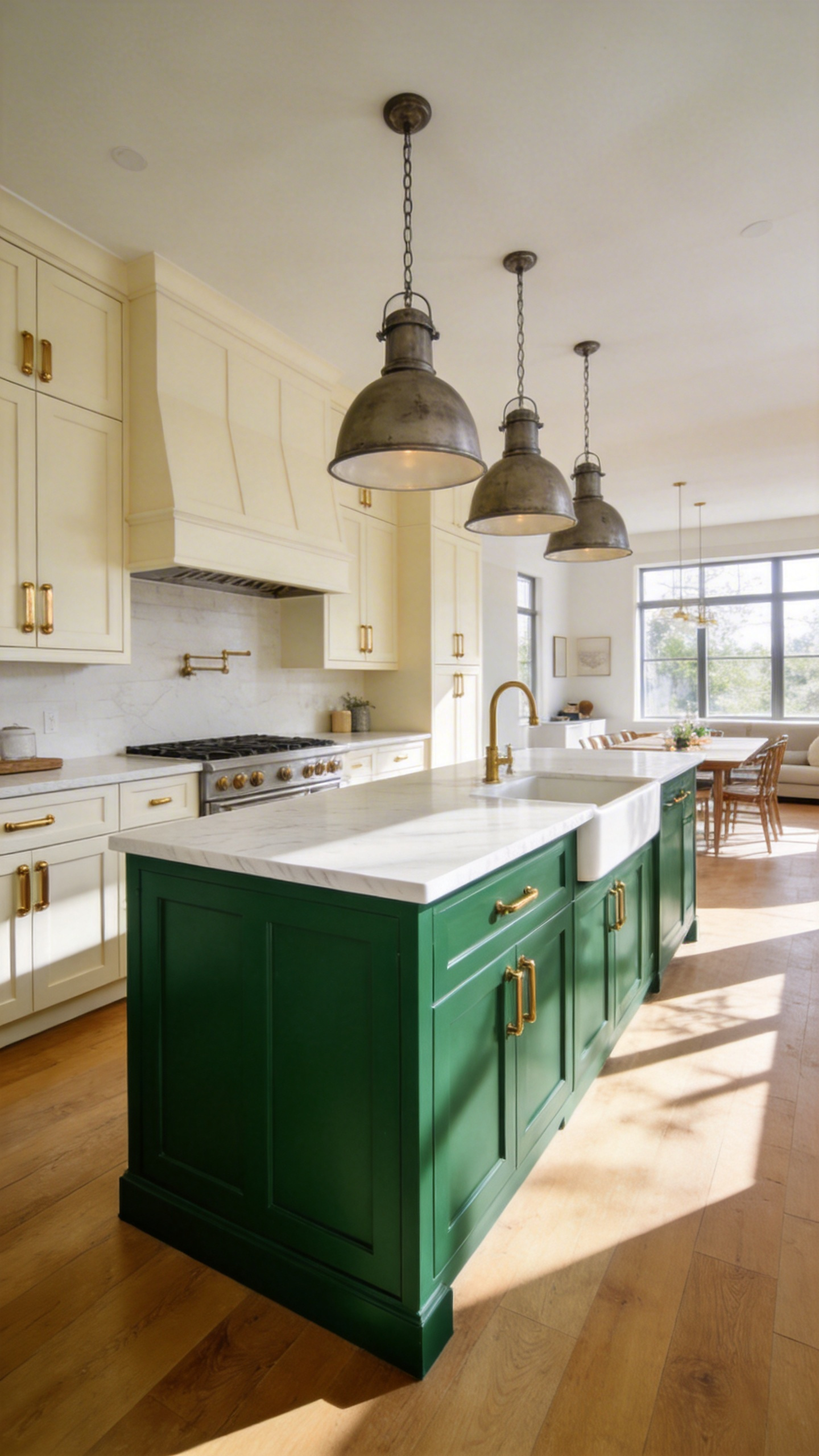 A modern open-concept kitchen featuring a vibrant forest green island centered between neutral cream perimeter cabinets and light wood floors.