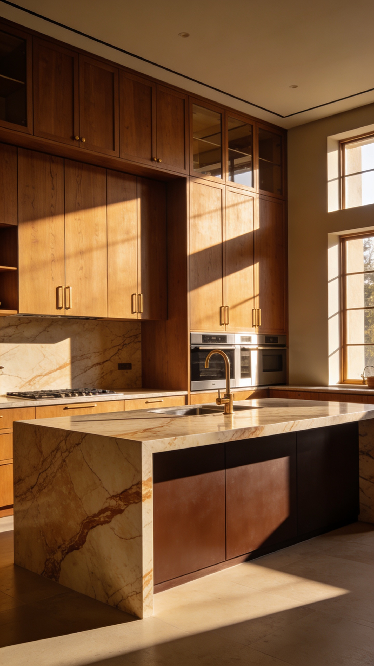 A sophisticated transitional kitchen featuring honey-toned oak cabinets and a deep chocolate brown island, showcasing brown as a warm, stable neutral design choice.