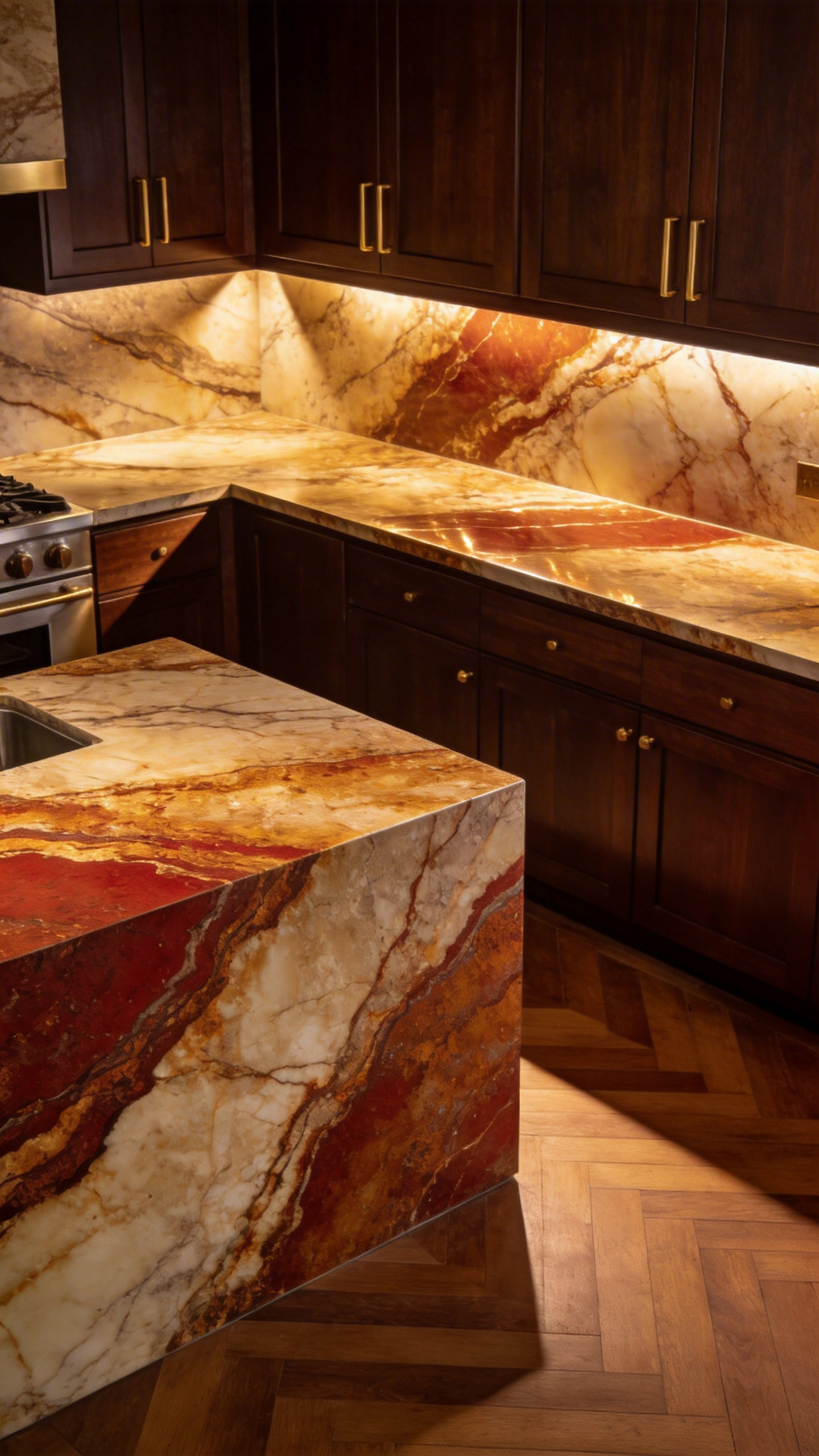 A luxurious brown kitchen featuring dark walnut cabinetry and a large marble island countertop with striking, warm, rust-colored and sienna veining (Emperador or Breccia style), preventing the dark space from appearing monochromatic.