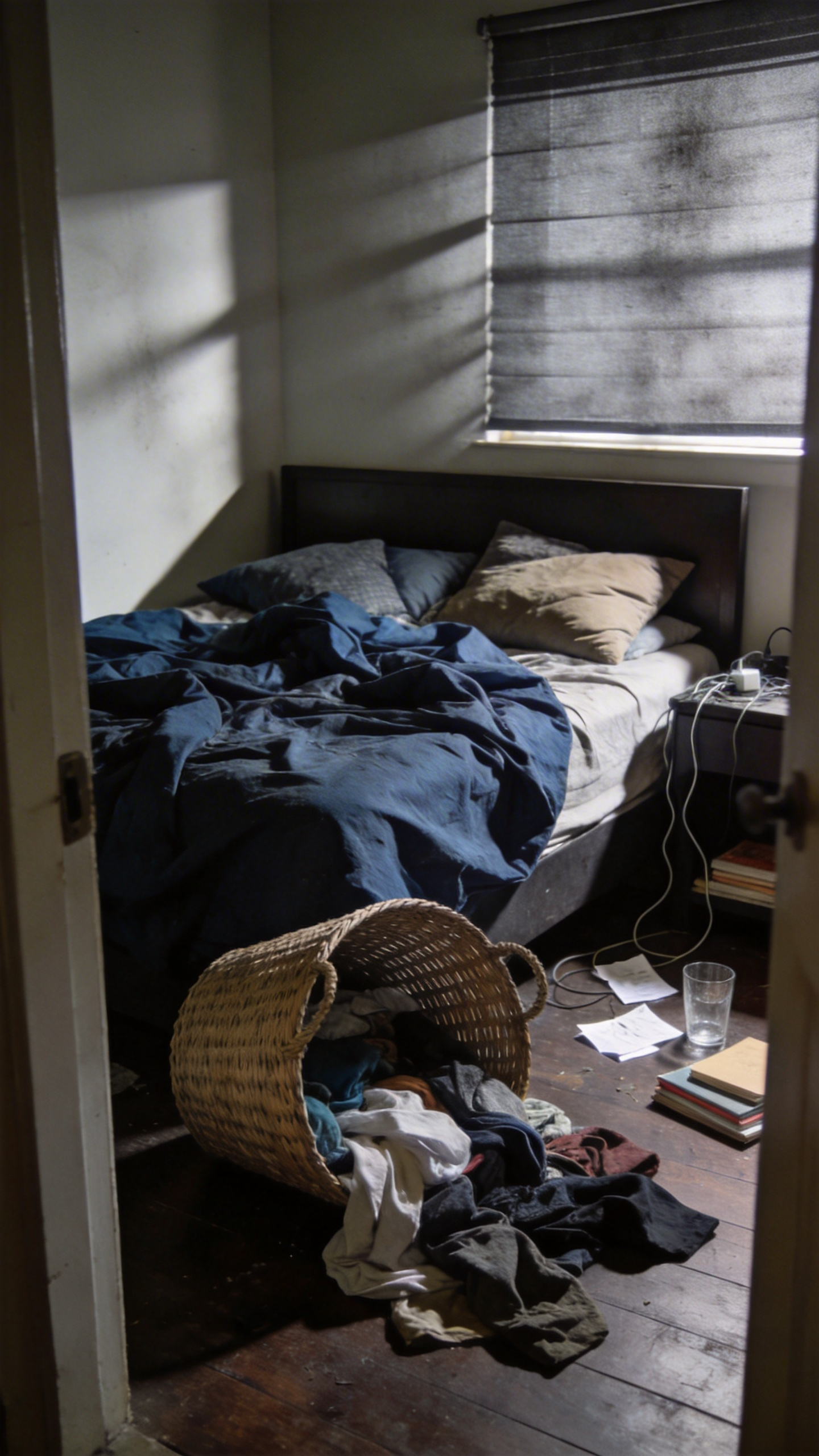 A realistic photograph of a severely cluttered, unmade private bedroom with large piles of laundry, disorganized surfaces, and poor lighting, conveying visual stress and anxiety.