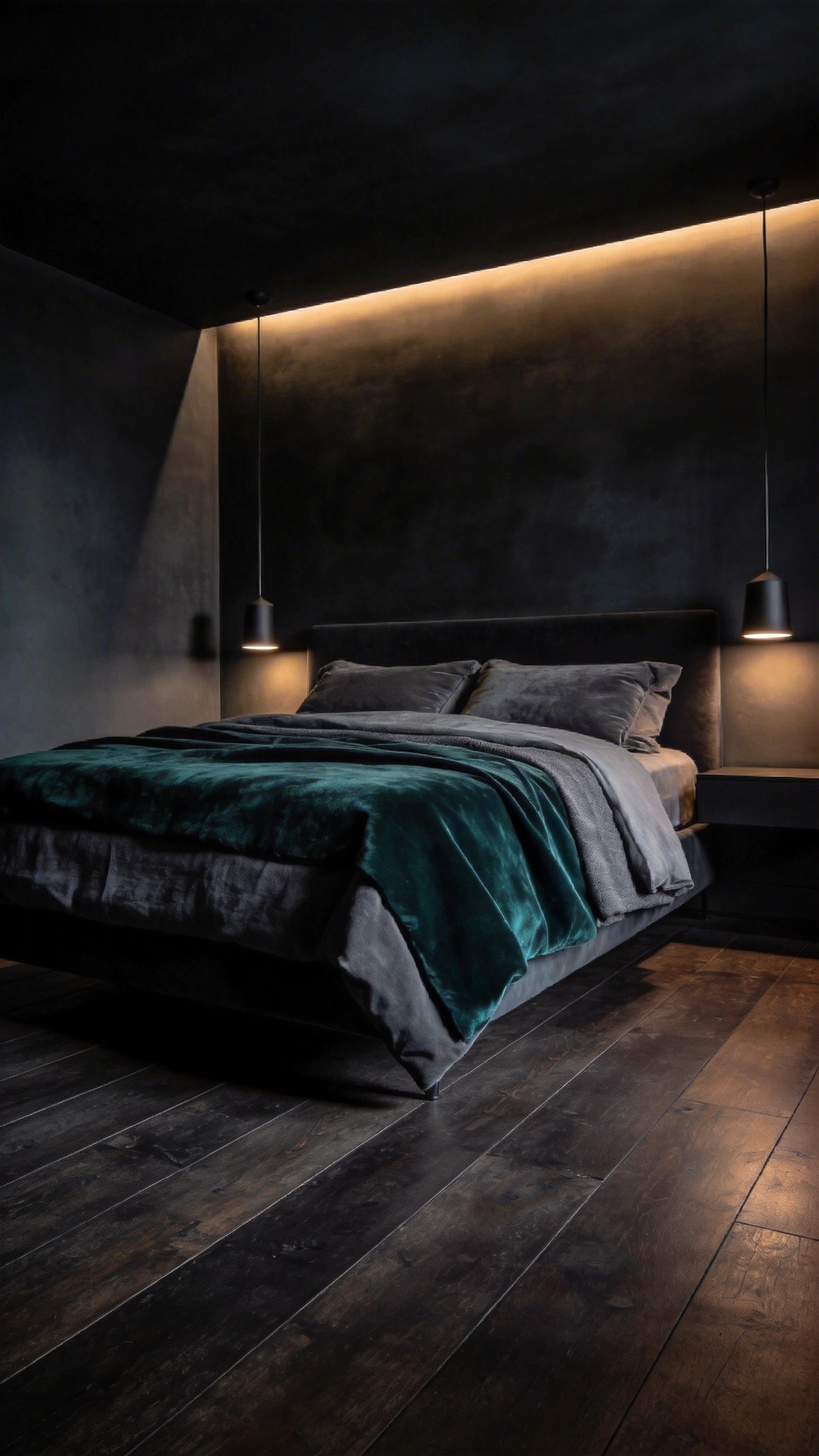 A modern bedroom with deep charcoal walls and ceiling illustrating the cocooning effect of dark paint schemes.