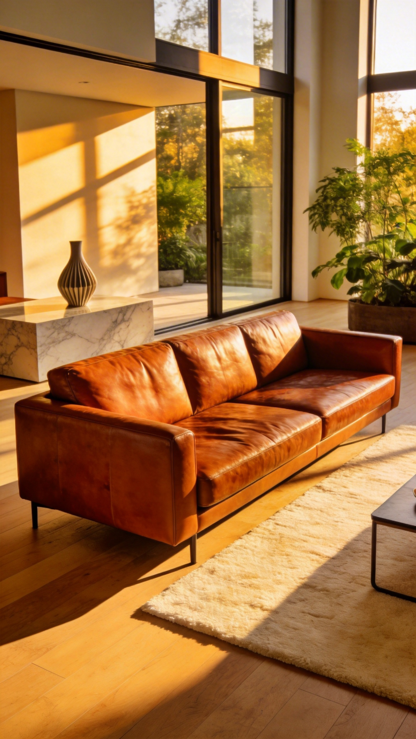 A luxurious full-grain cognac leather sofa in a modern sunlit living room with large windows and minimalist interior design.