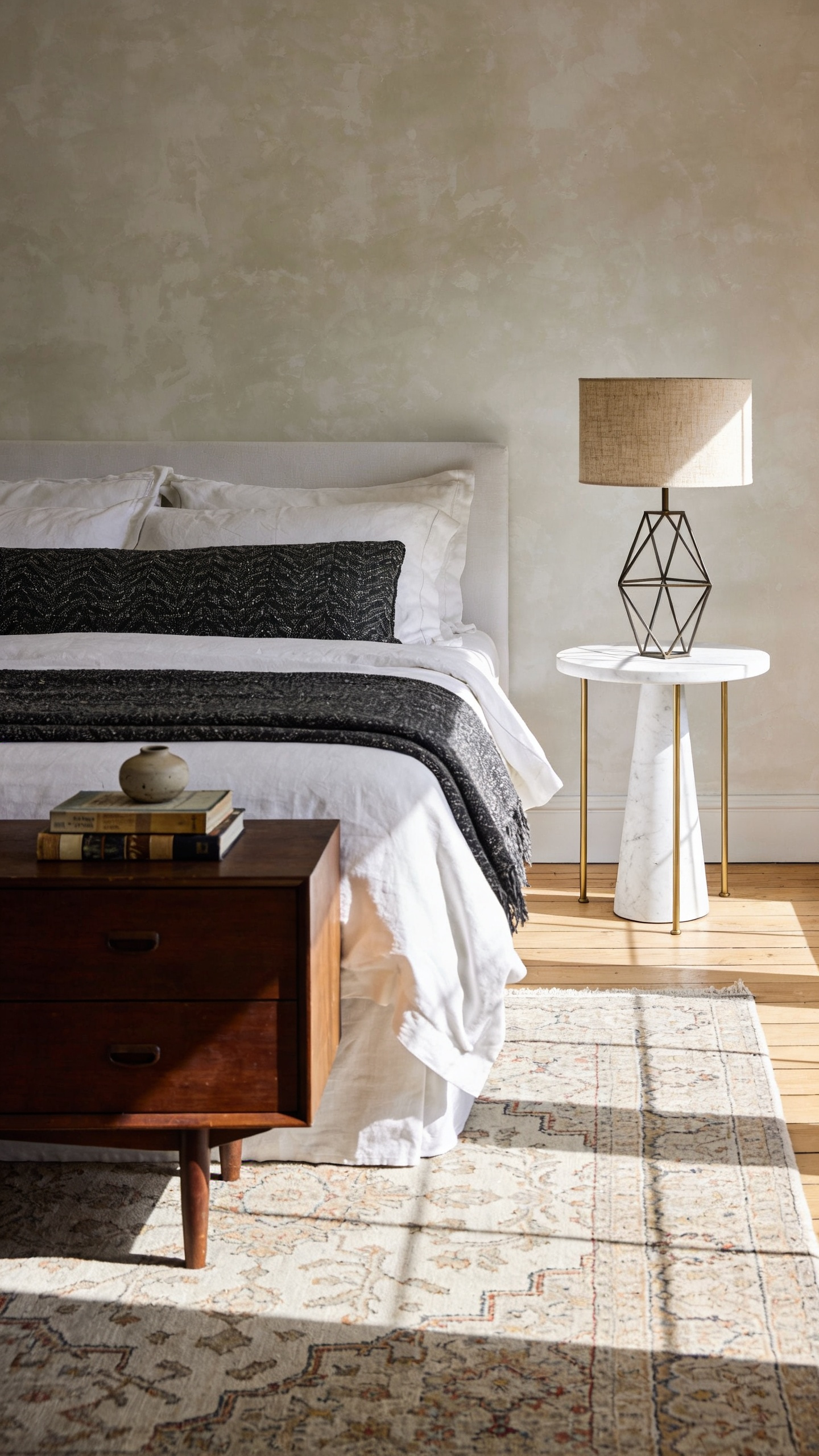 High-end bedroom featuring a king bed flanked by two deliberately non-matching nightstands, one being a dark wood antique chest and the other a white marble modern pedestal table, signaling a collected aesthetic.