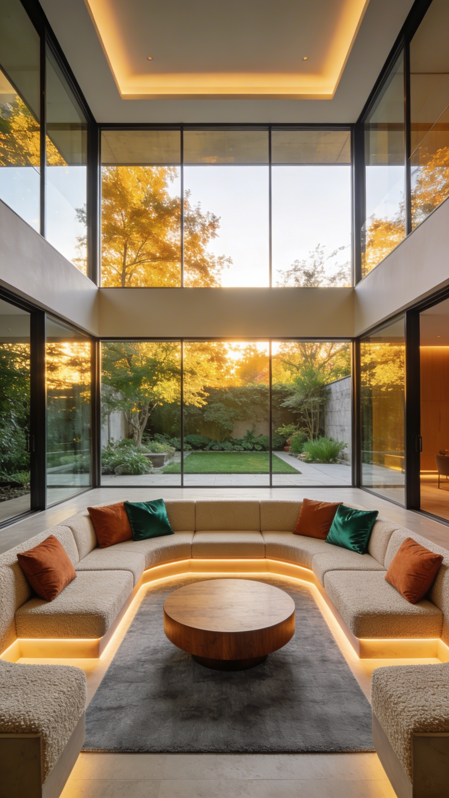 A luxurious sunken conversation pit with neutral modular couches and warm architectural lighting in a modern living room.