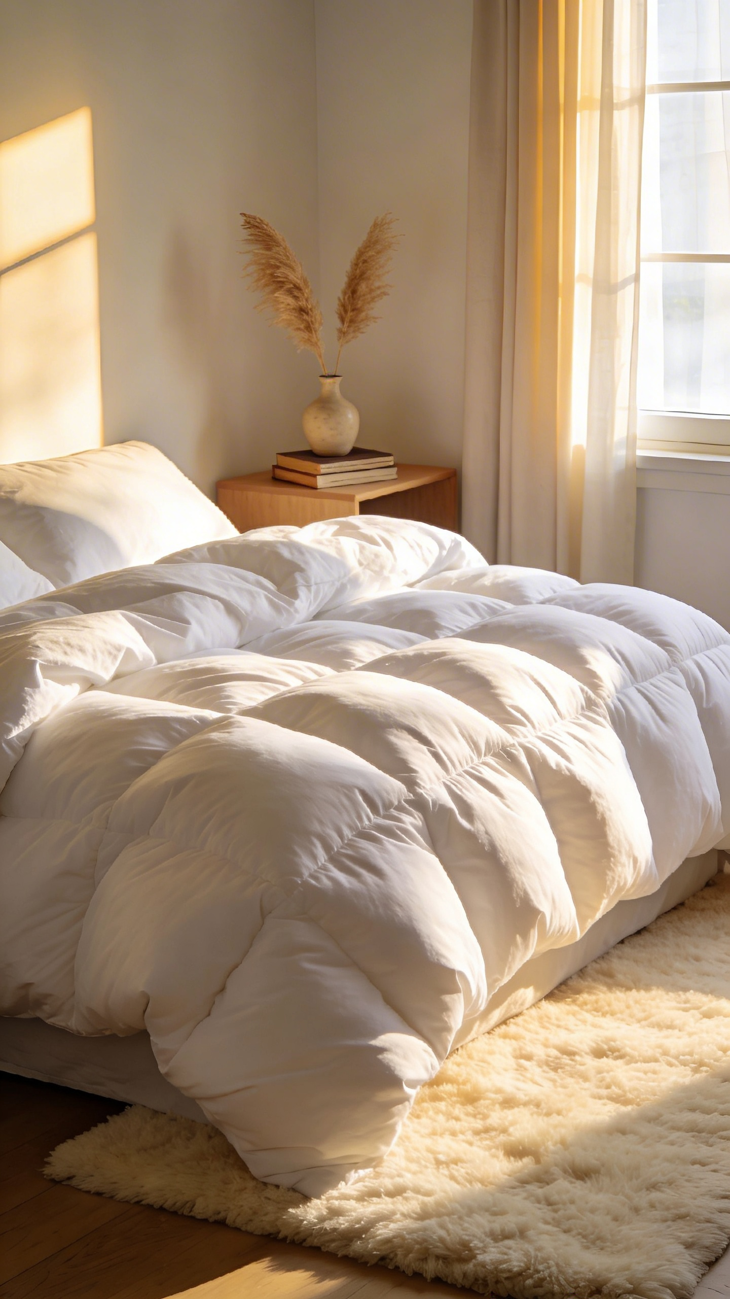 A cozy bedroom featuring a thick, fluffy white bed with a double duvet hack to create a cloud-like appearance under warm morning light.