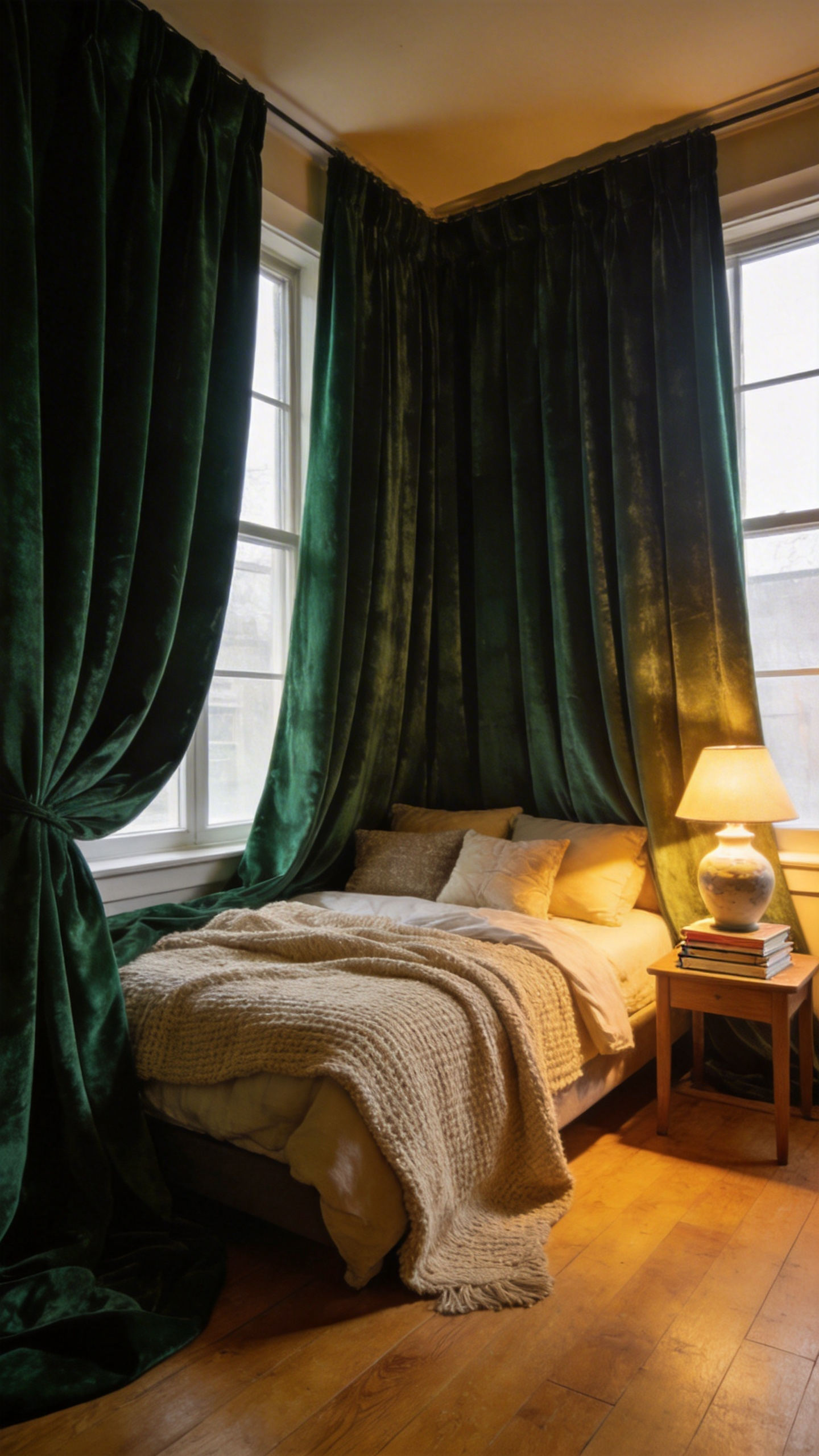 A luxurious cozy bedroom featuring heavy floor-to-ceiling velvet drapes pulled shut to create a warm insulated atmosphere.