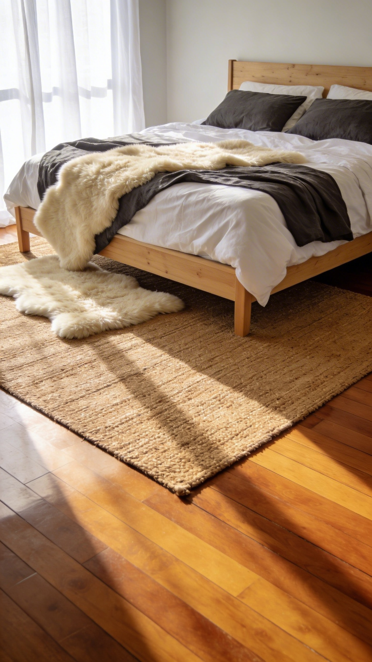 A modern cozy bedroom featuring a plush white rug layered over a large natural jute rug on hardwood floors.