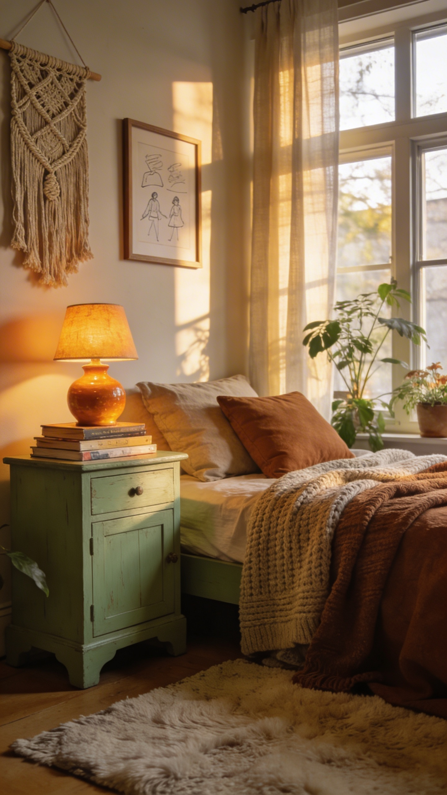 A bright and cozy bedroom featuring a hand-painted nightstand, layered textiles, and personalized DIY wall decor in a sunlit room.