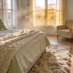 A full view of a cozy bedroom featuring layered soft textures, a chunky knit blanket, and warm sunlight streaming through the window.