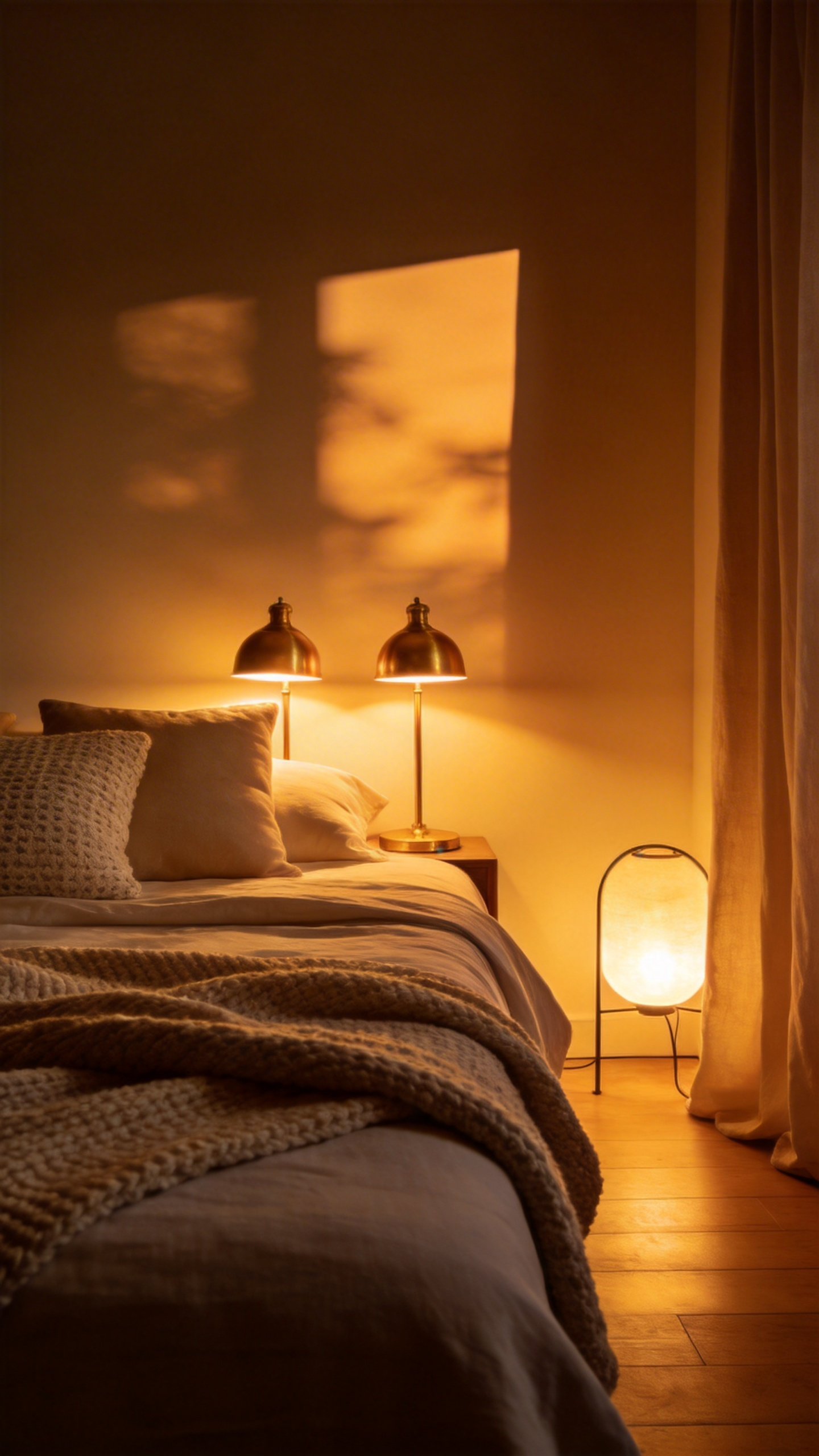A master bedroom with cozy layered lighting from lamps creating a warm atmosphere with soft shadows and no overhead light.